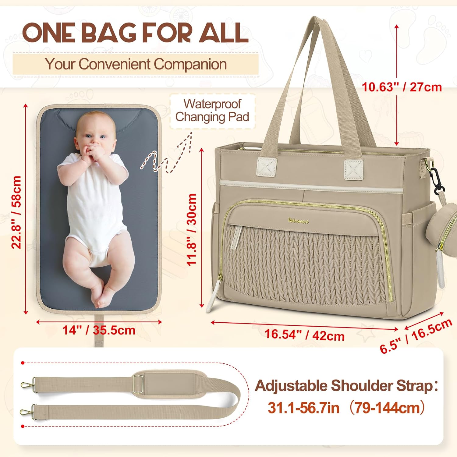 RAINSMORE Diaper Bag Tote, Large Diaper Baby Bag Waterproof Multifunctional Diaper Bag with Pacifier Case & Changing Pad - Image 2