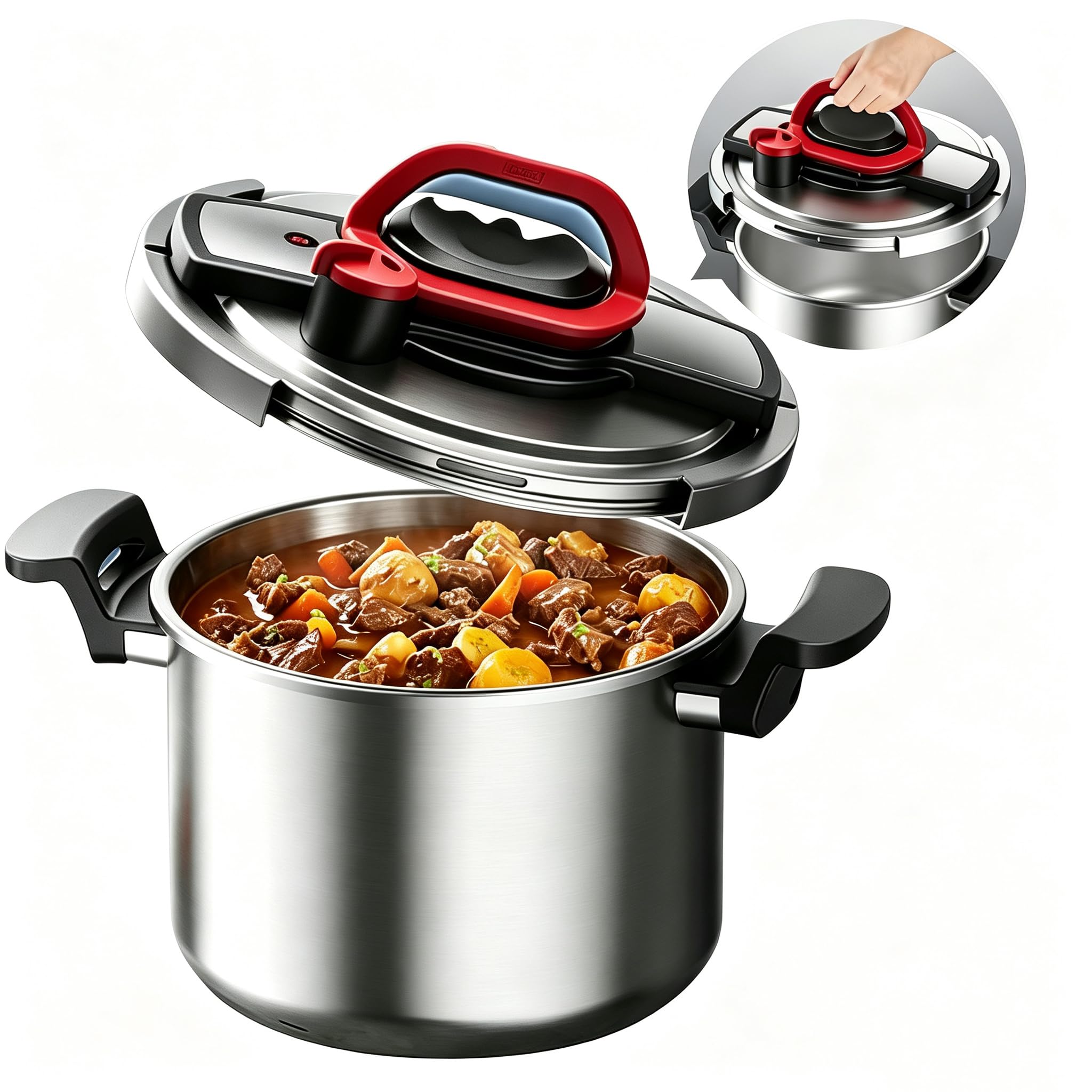 Stovetop 304 Stainless Steel Heavy Duty Pressure Cooker, One-hand Easy Handle Lid, 3 PSI Setting, 6 Safety Systems, Dishwasher Safe, Olla de Presion, Works for All Cooktops (8.5 QT)