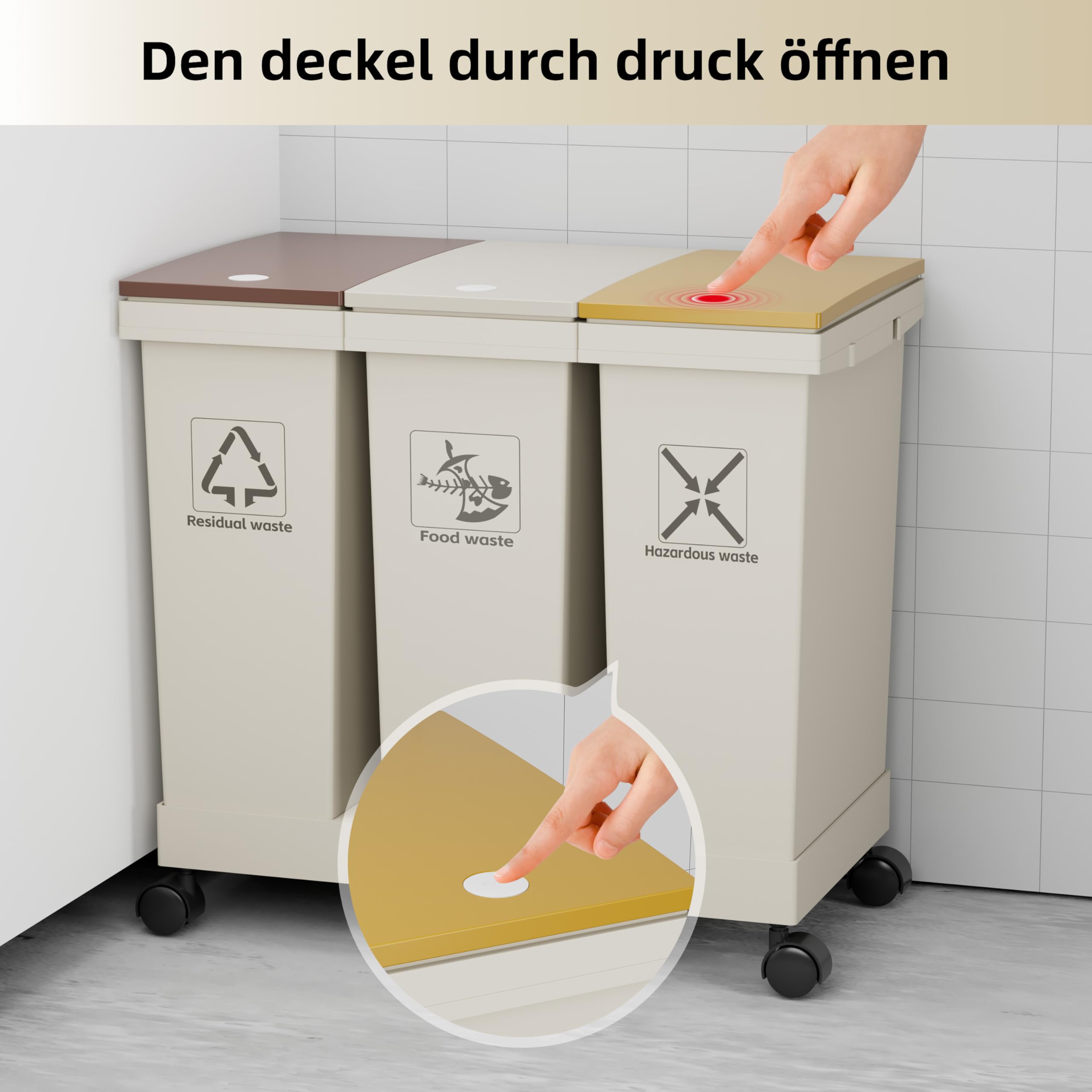 3-er Mülleimer-Set Küche Mülltrennsystem 3x Mülleimer mit Deckel, 3 X 12L, herausnehmbare Recycling-Mülleimer mit Rollen, Mülltrennsystem für Papier, Kunststoff, Glas, Küchenmülleimer (36L-100)