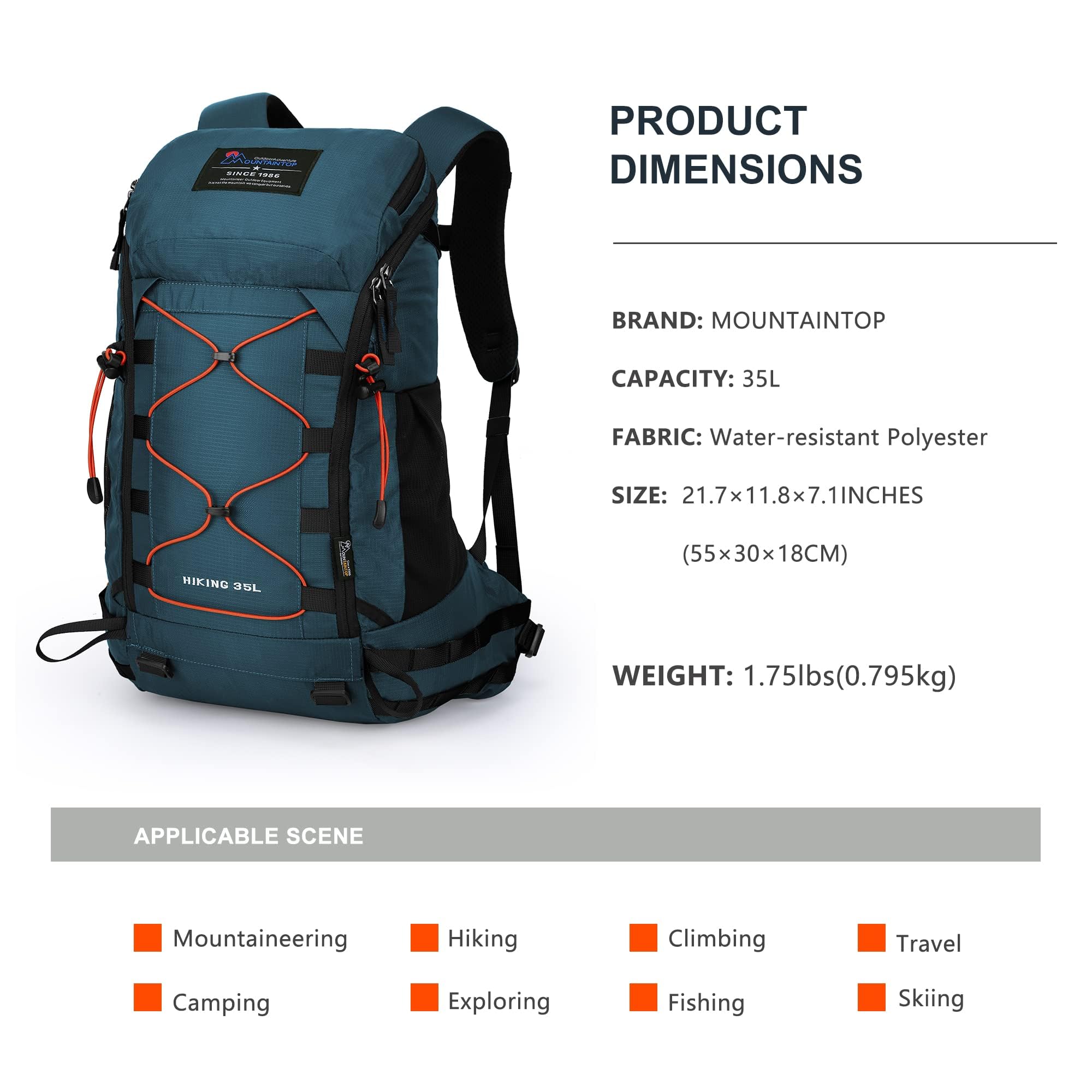 MOUNTAINTOP Mochila Trekking 35L Hombre Mujer Impermeable Viaje | Ideal para montaña senderismo y viajes, funda de lluvia incluida, cremalleras YKK, espalda ventilada cinturón acolchado