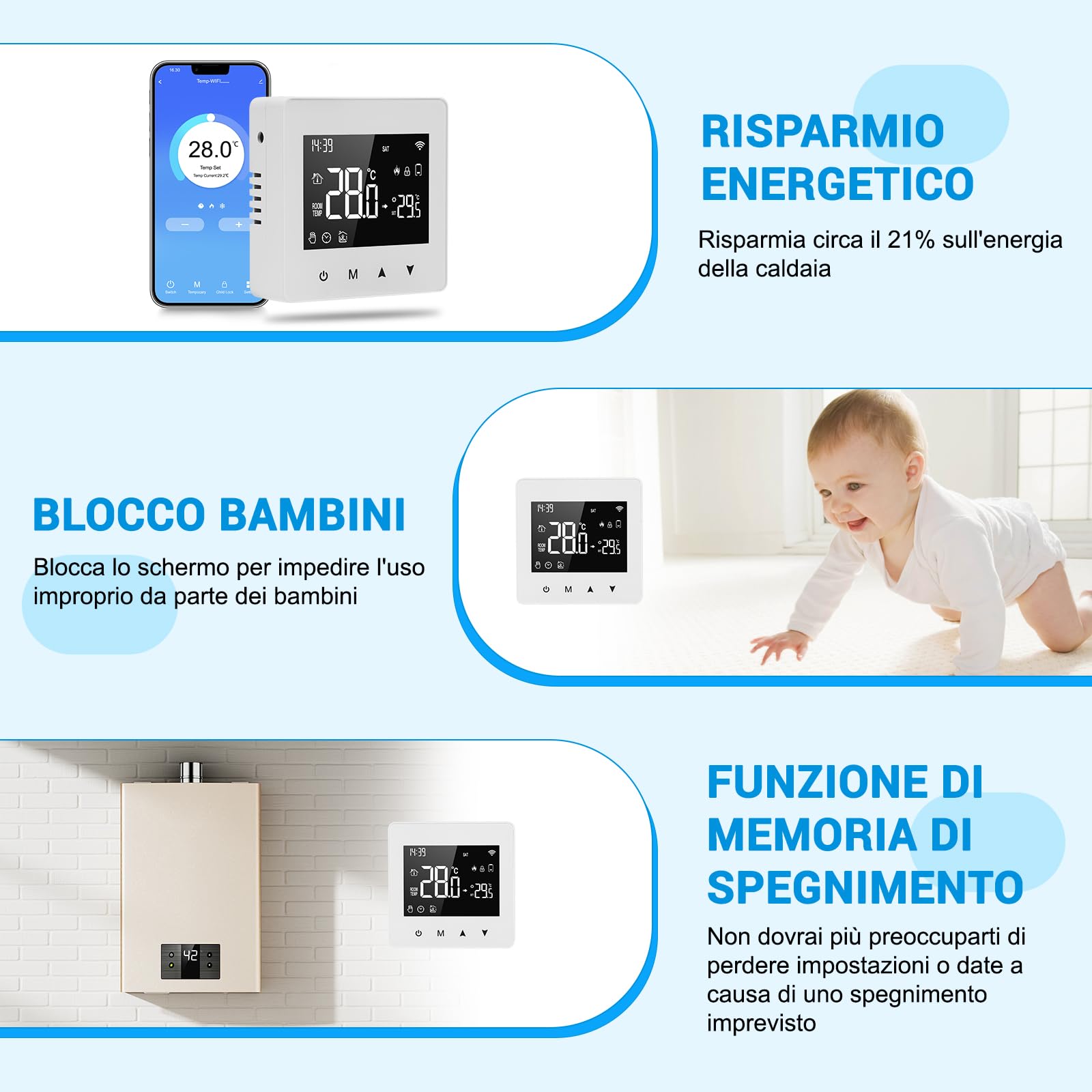 Termostato WiFi, Termostato Caldaia Programmabile, Intelligente 503 da Parete, LCD Digitale Touchscreen, per Alexa e Google Assistant, a Batteria, 3A, Bianco