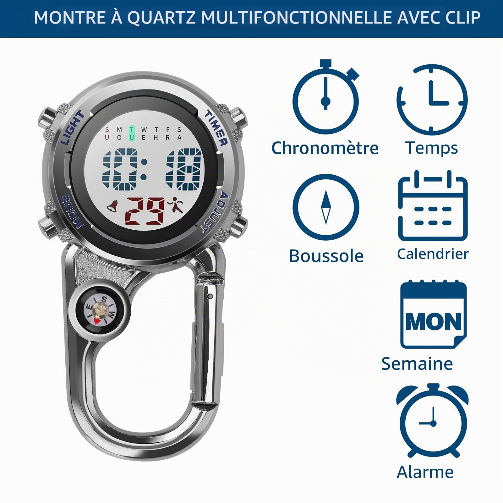 Montre à quartz numérique à clipser - Multifonctionnelle - Cadran lumineux - Boussole - Avec boussole - Pour médecins, infirmières, ambulanciers, chefs - Unisexe
