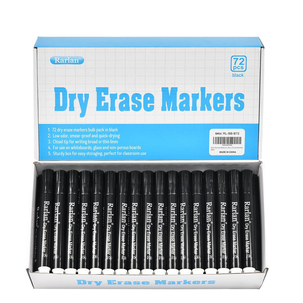 Rarlan Dry Erase Markers Bulk, Chisel Tip, Black, Whiteboard Markers, 72 Count Bulk Pack