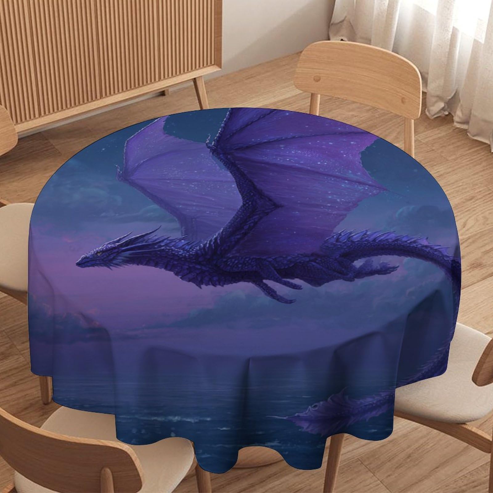 LUYYSKY Cool Retro Purple Dragon Round Tablecloth Mid Century Classic Starry Sky Ocean Fantasy Animal Dragon Print Washable Decor for Table Cover for Kitchen-91.4" Wx91.4 L cm