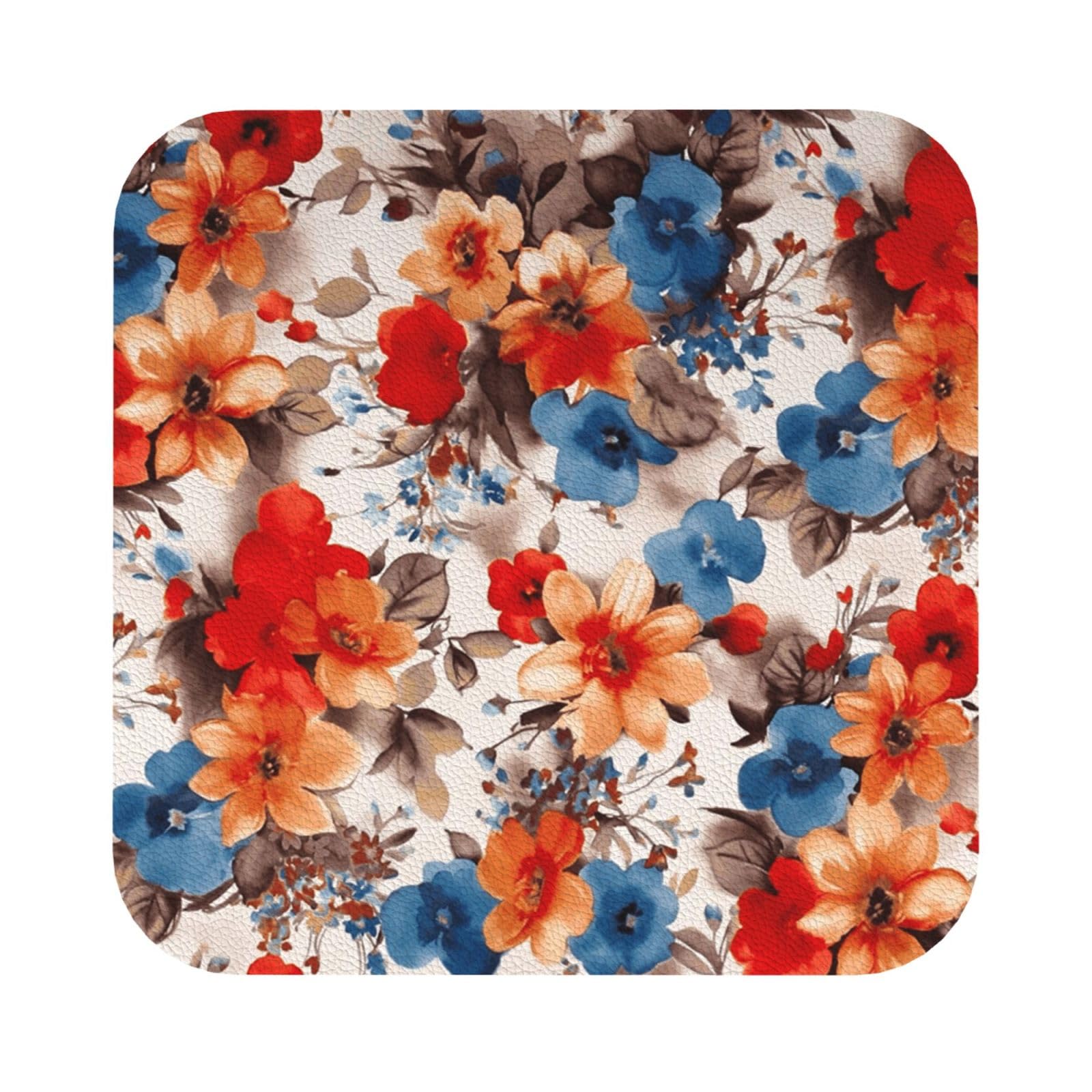 Floral Flower Print PU Leather Coasters Set of 6 Square Drink Coasters