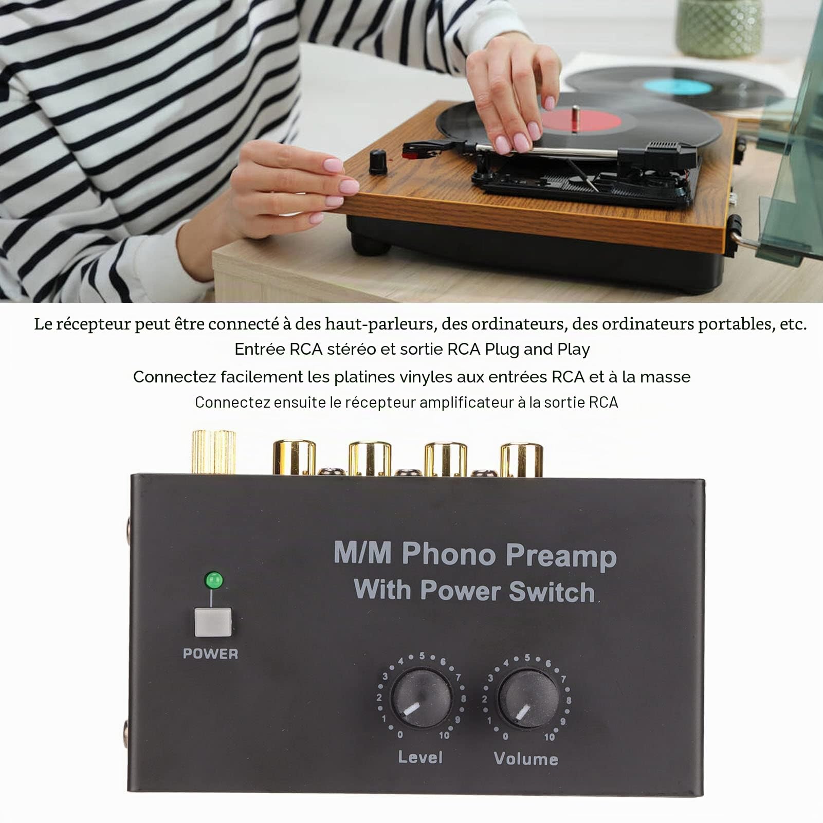 Préampli Phono pour Platine Vinyle,Préamplificateur Phonographe avec Entrée ,Sortie et Fonctionnement à Faible Bruit,Préampli Phono pour Tourne-Disque avec Adaptateur 12V CC
