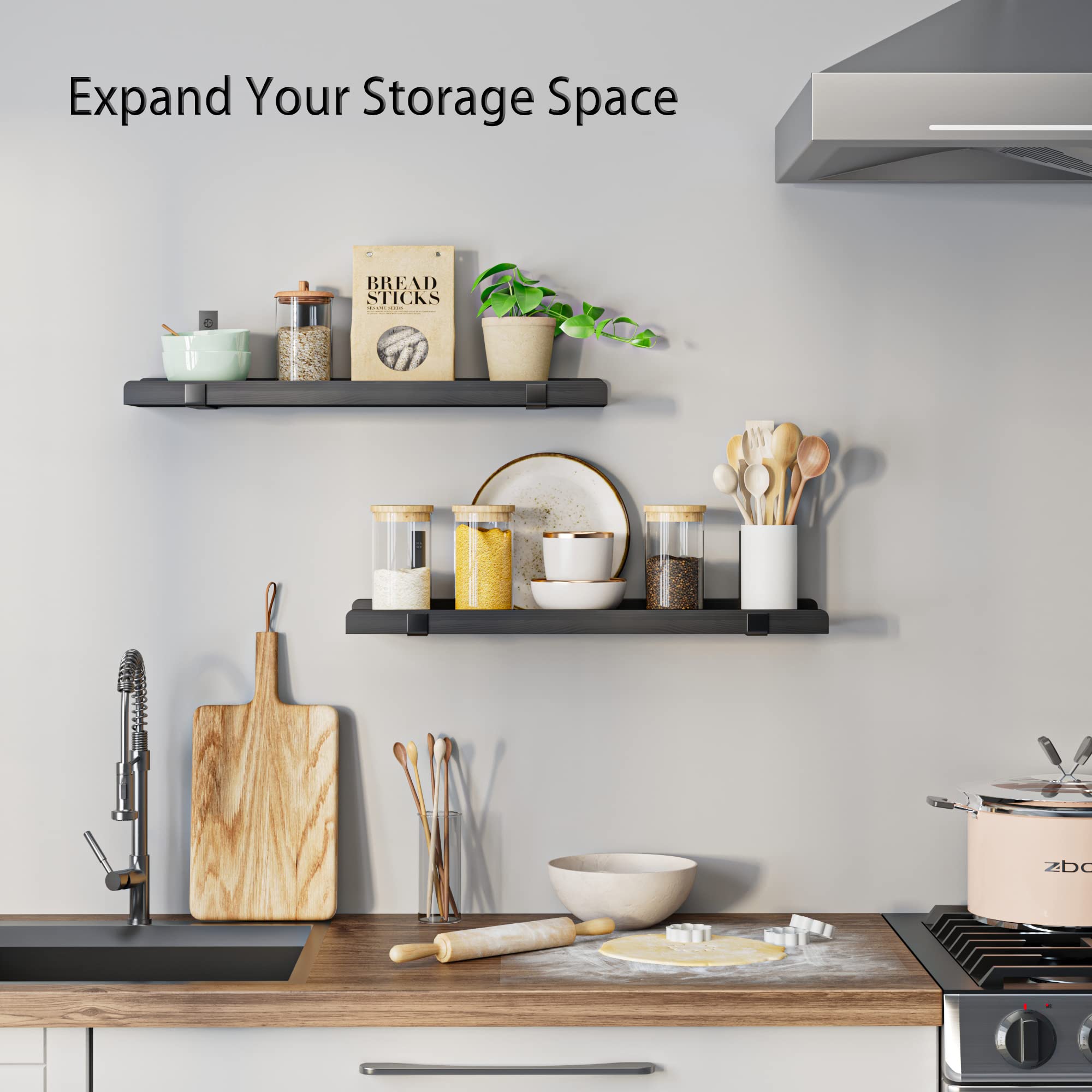 Pine Wood Floating Shelves with Lip 24 Inch, Set of 2 Wall Mounted Shelf with Metal Bracket, Long Nursery Bookshelf for Wall Decor Storage, Black Picture Ledge Shelves for Home and Office