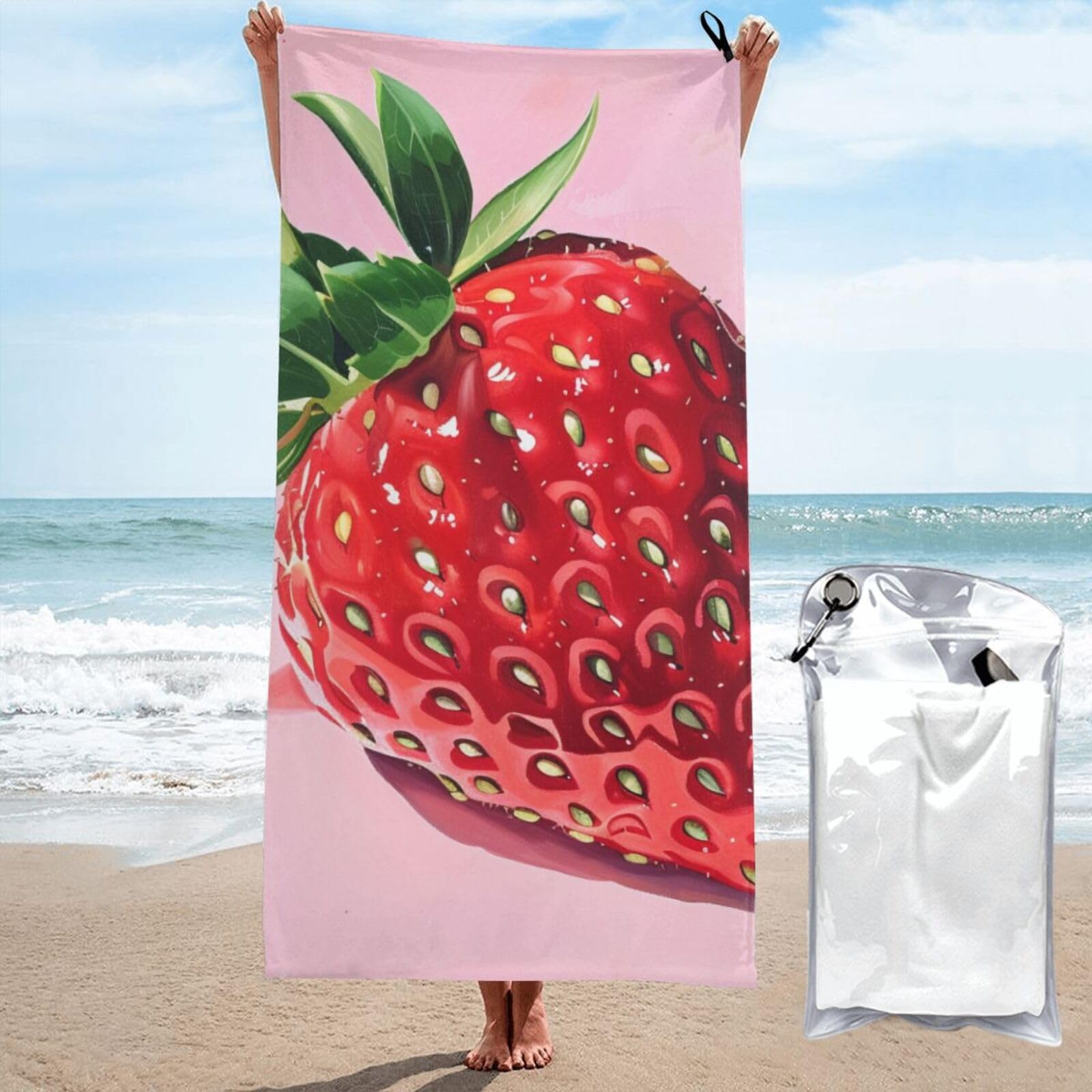 kkvhhyuo Microfiber Beach Towel, Strawberry Printed Lightweight Quick Dry Travel Bath Sheet with Compact Carry Bag for Swimming Yoga Camping Gym,27.5"x55"