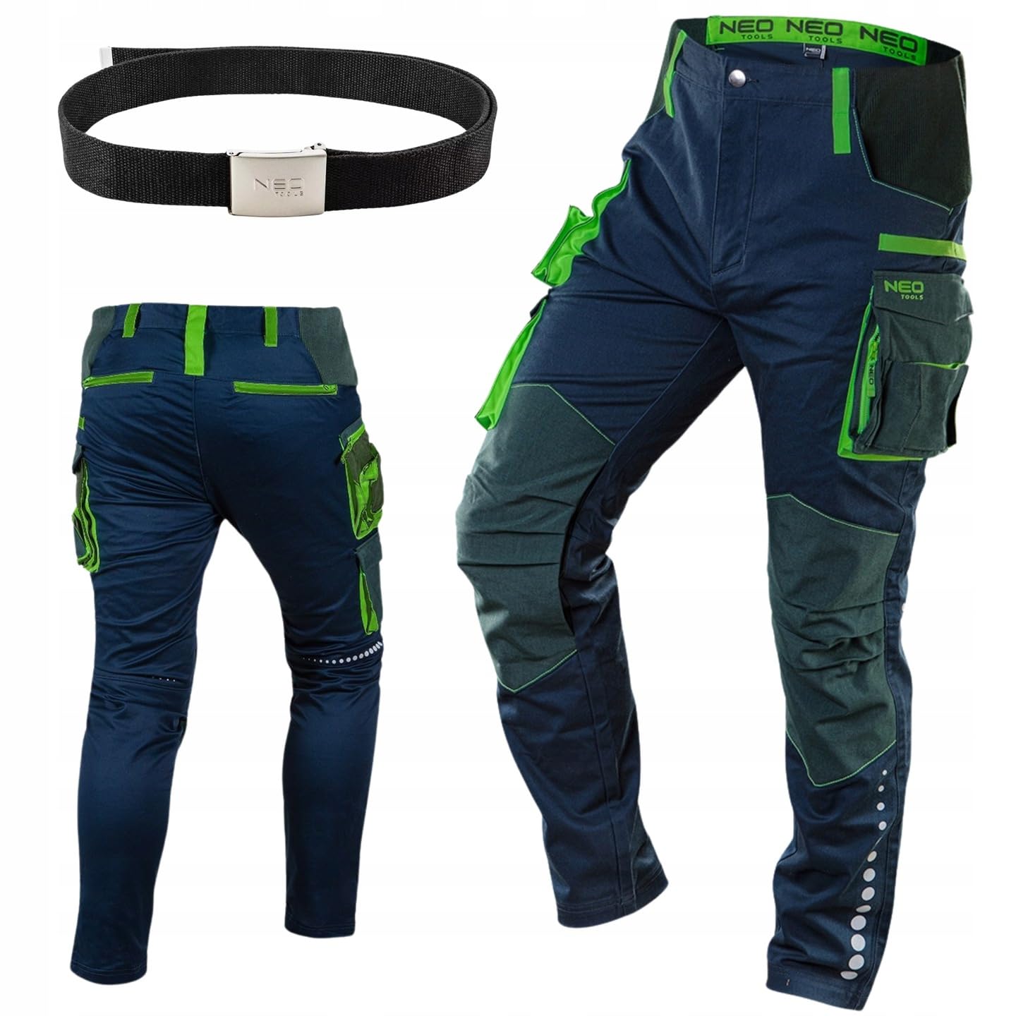NEO TOOLS Arbeitshose Herren mit Gürtel, mit Cordura, Stretch | Reflektierende Elemente, Flexibel & Robust Männer-Arbeitshose mit Kniepolstertaschen