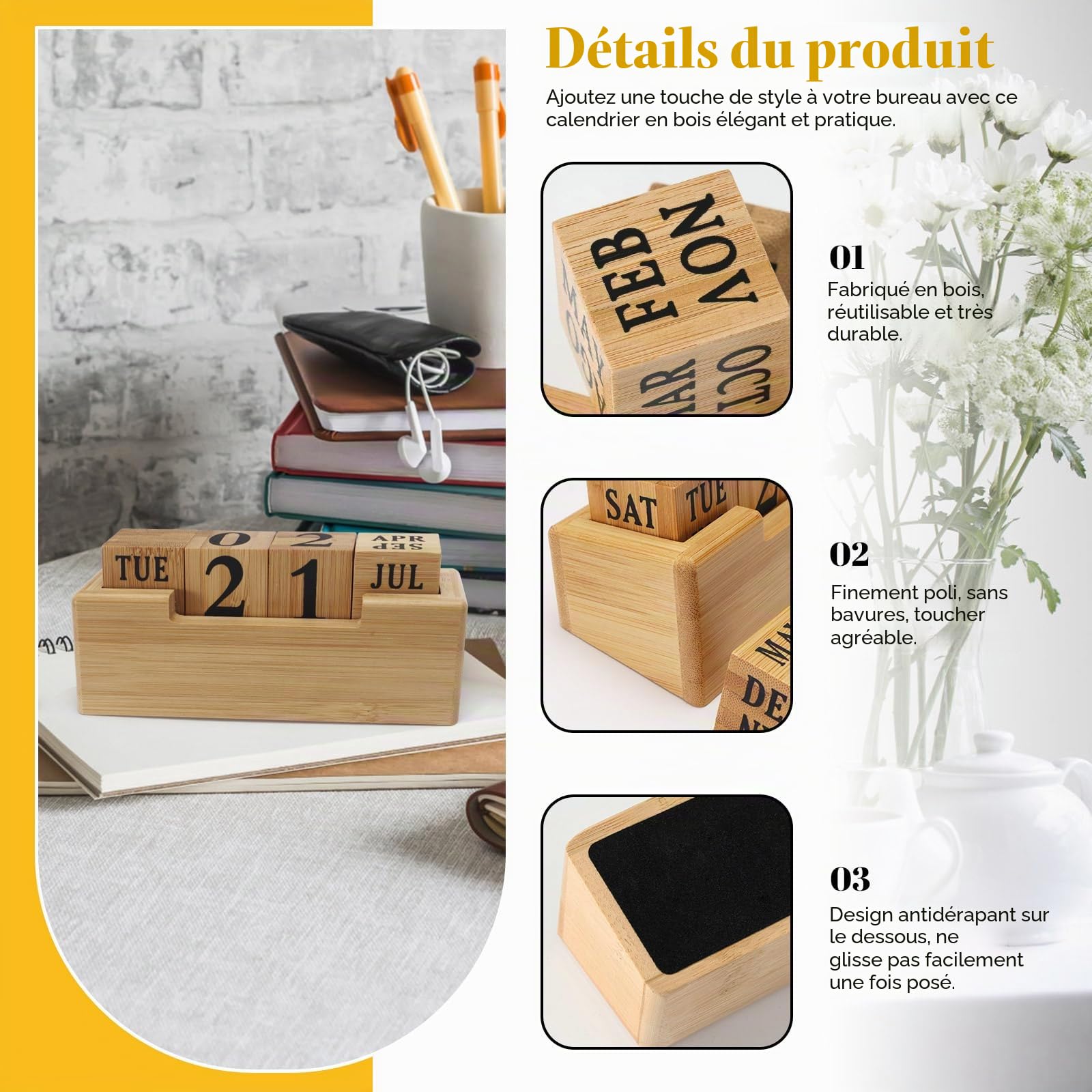 Calendrier perpétuel en bois pour bureau, blocs d'affichage du mois, de la date et du jour de la semaine, pour décoration de bureau rustique, accessoires de bureau mignons