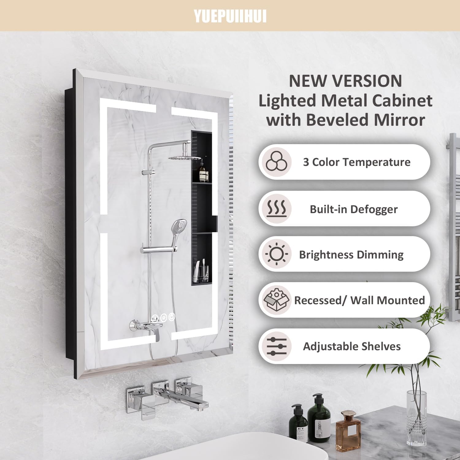 20X30 Inch Recessed Medicine Cabinet with Mirror, Adjustable 3-Color LED Cabinet with Brightness Dimming, Defogger LED 20x30 IN