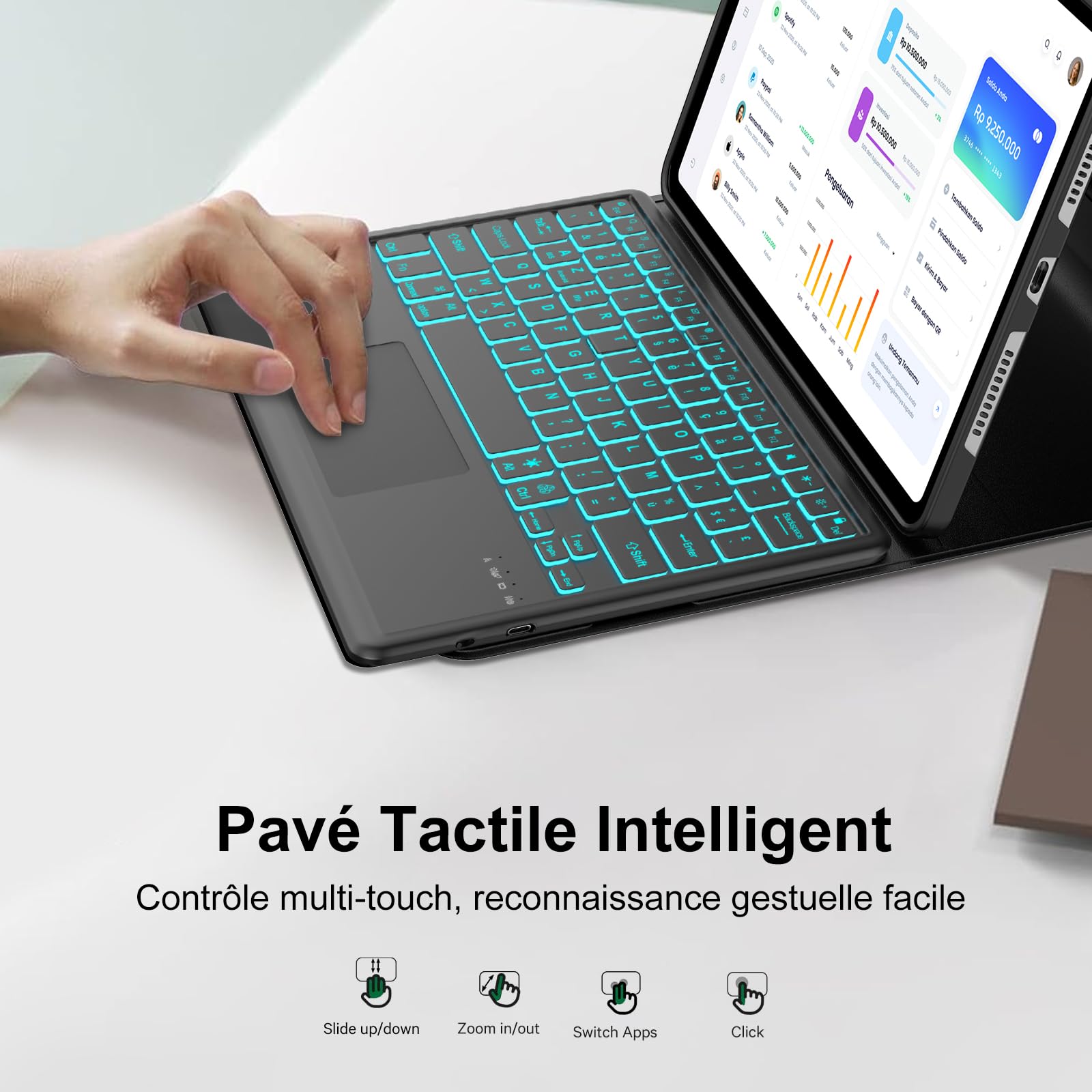 Coque Clavier pour Lenovo Idea Tab Plus 12.1 Pouces avec Pavé Tactile, AZERTY Français Housse Clavier Bluetooth Détachable 7 Couleurs Rétroéclairées pour Tablette Lenovo Idea Tab Plus 12.1" 2025, Noir