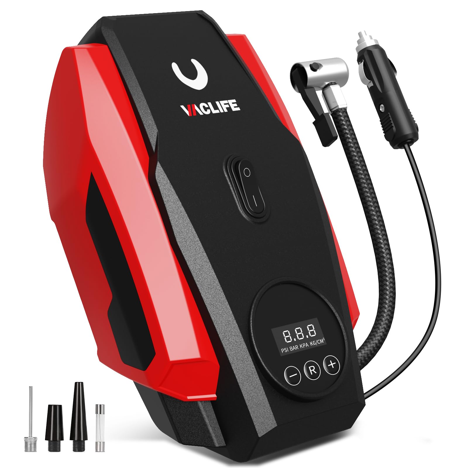 VacLife Tire Inflator Compact Tire Pump with Auto Shutoff Function Red