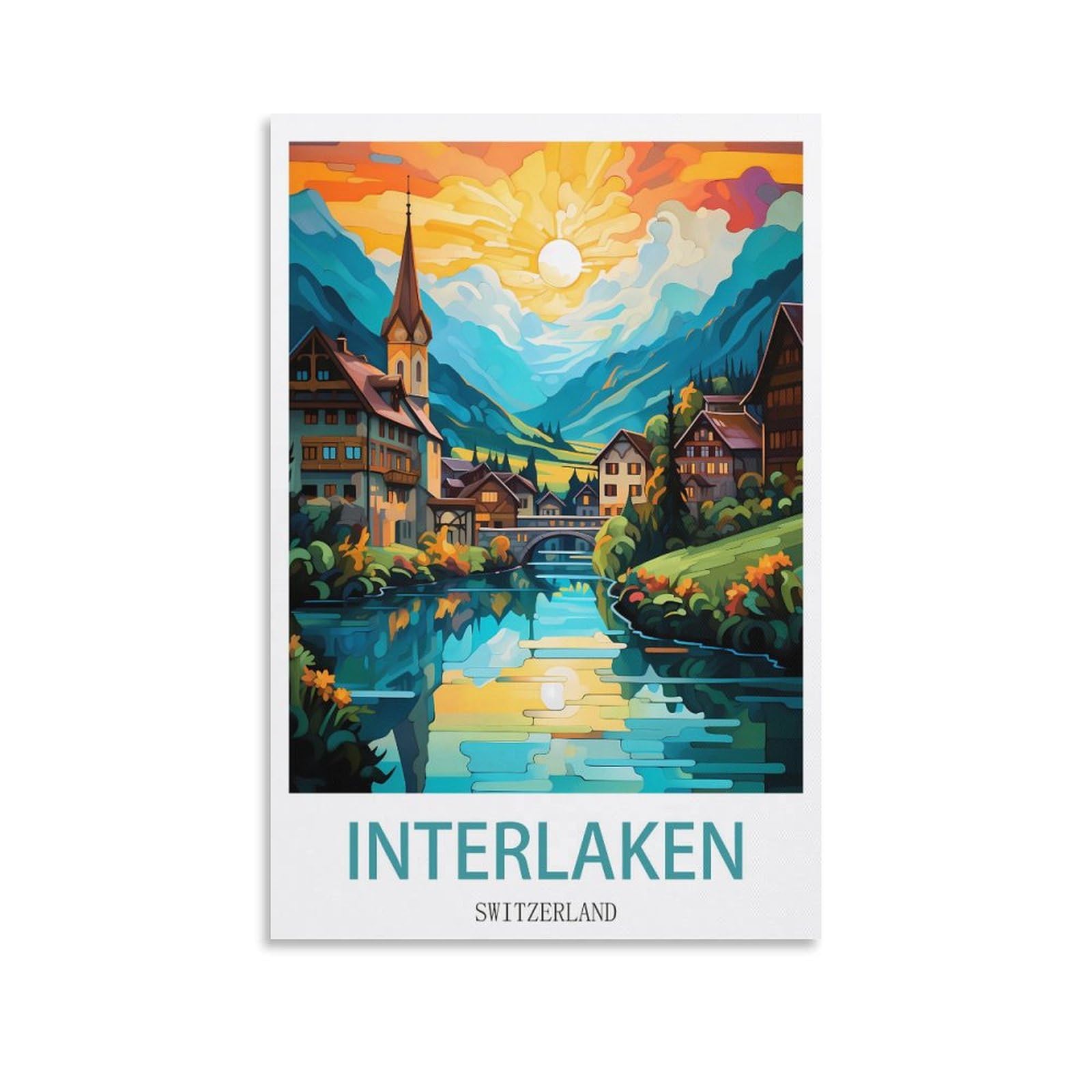 HeyBox Interlaken Switzerland Vintage Travel Posters 16x24inch(40x60cm) Canvas Prints Wall Art Paintings for Home Office Living Room Decor