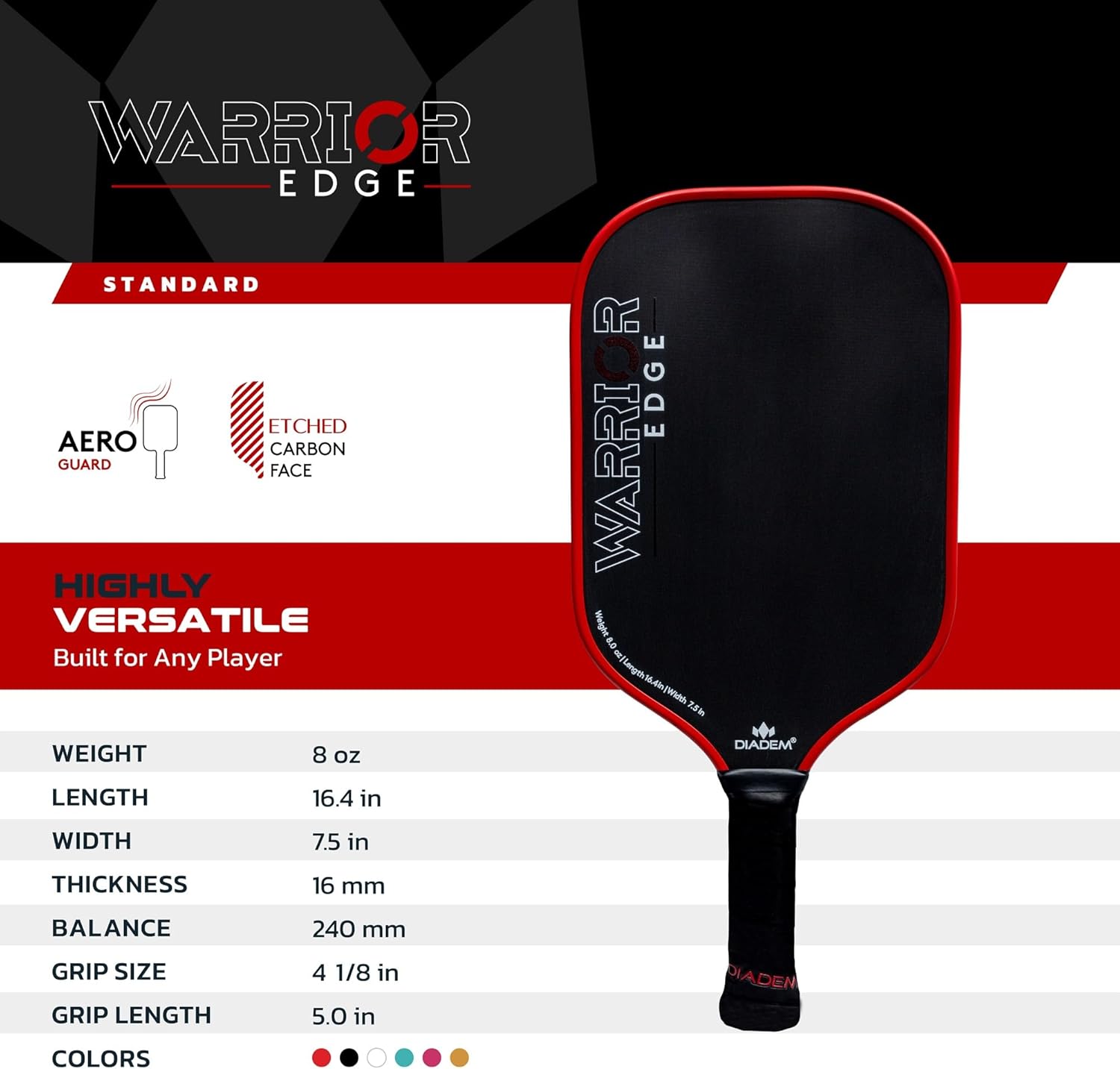 Diadem Warrior Edge Pickleball Paddles | Etched Carbon Face for Max Spin, 16mm Aero Guard, Comfort Max Grip, 16mm Honeycomb Core, Midweight 8oz | Indoor/Outdoor | USAPA Approved