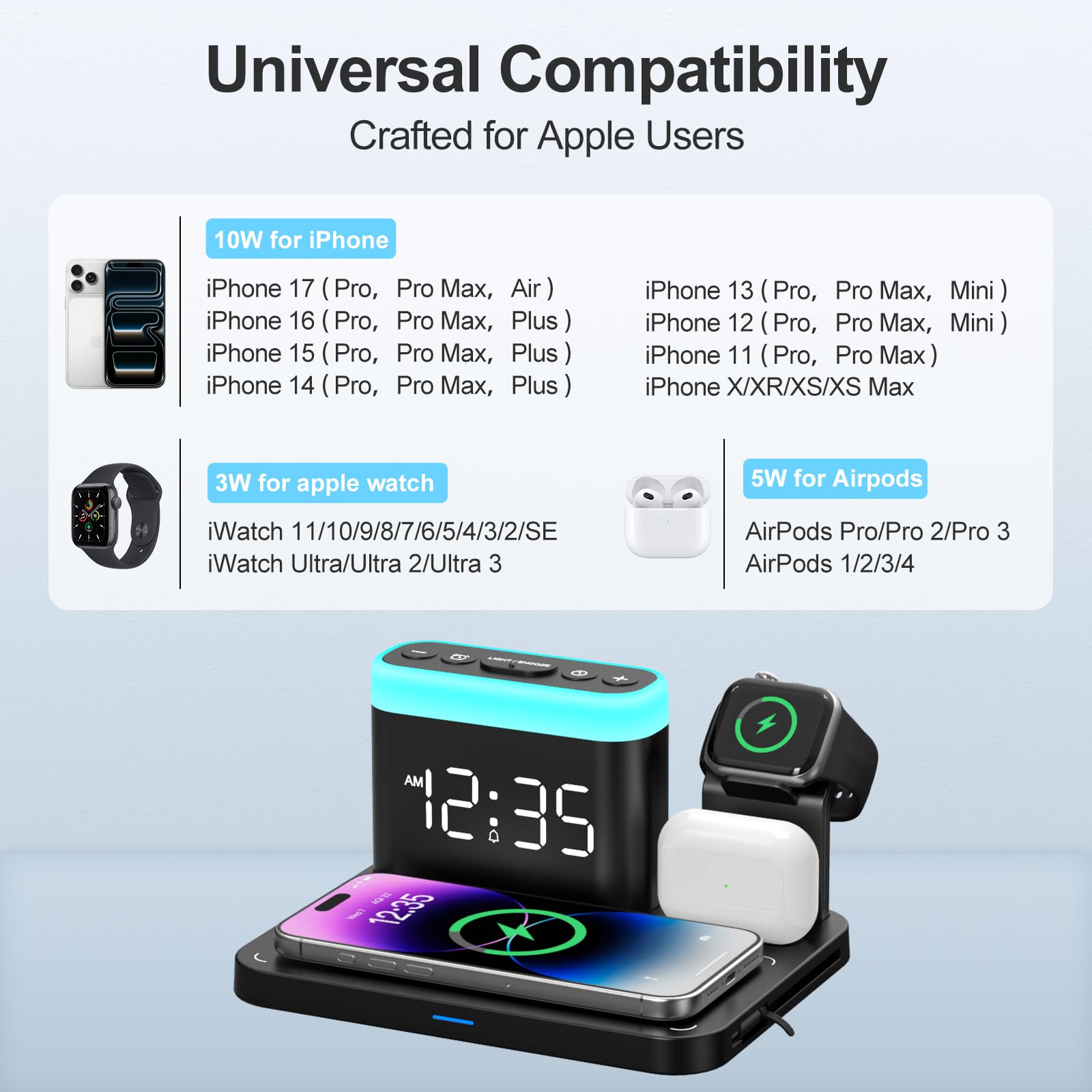 ANJANK Caricatore Wireless Magnetica, 3 in 1 Stazione di Ricarica Wireless con Sveglia, 7 Luci Notturne, Dock di Ricarica per iPhone 16 15 14 13 12 11 Pro Max Plus,Apple Watch10/9/8/7