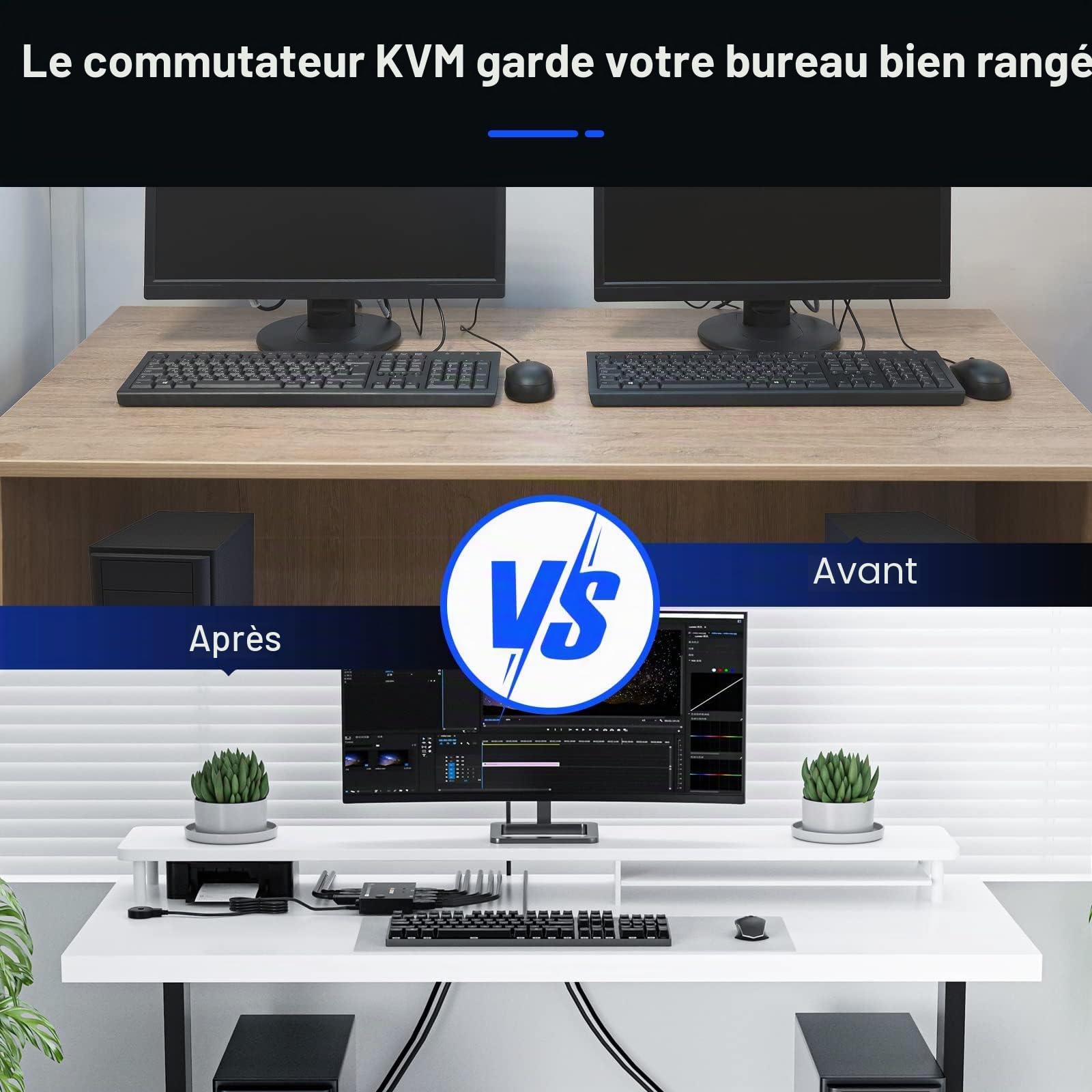 Commutateur KVM USB 3.0 Displayport 2 ports 8K à 30 Hz 4K à 144 Hz, commutateur KVM 2 PC 1 moniteur prenant en charge DP1.4 compatible avec D1.2, avec 4 ports USB 3.0 pour claviers et souris, etc.