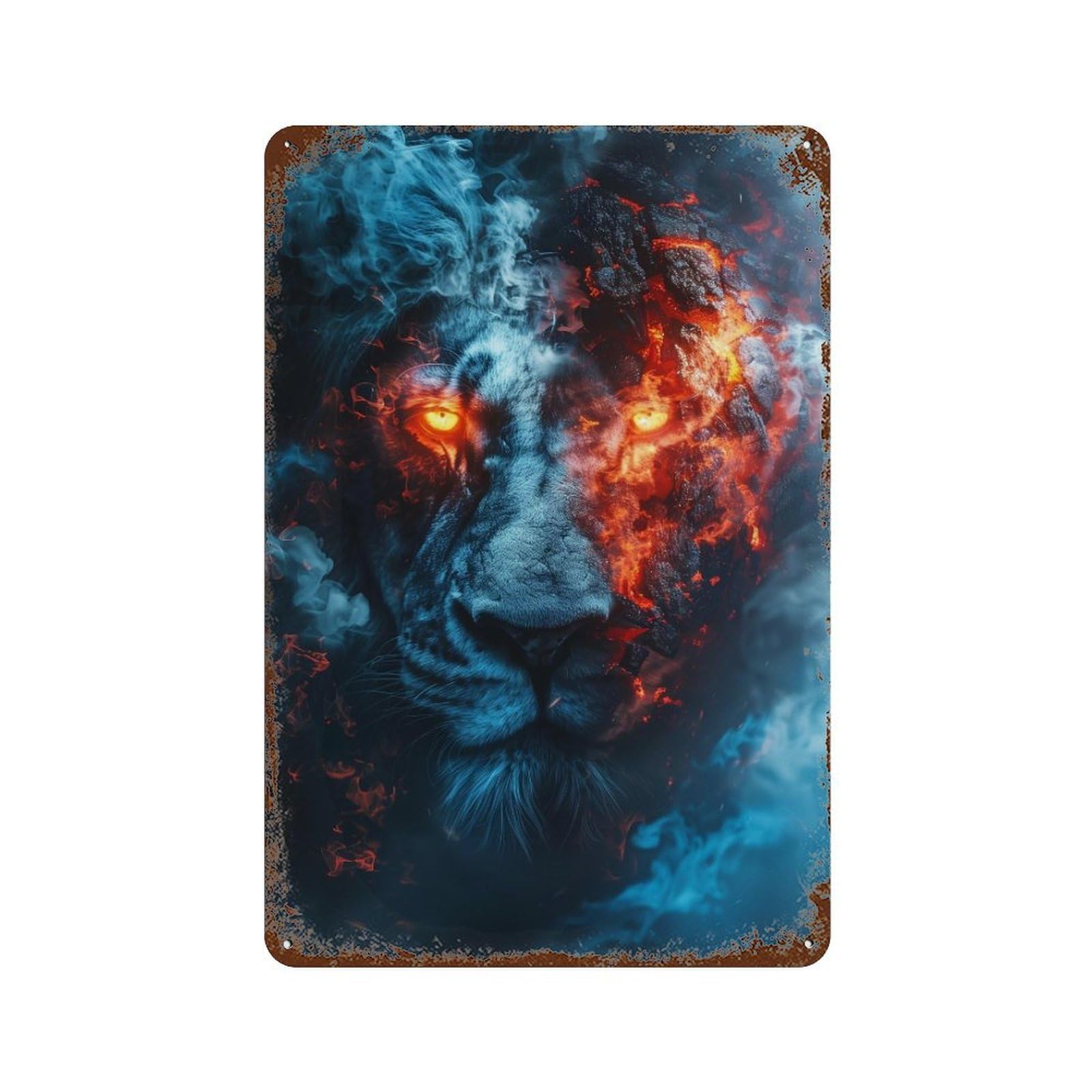 Lion Fire Smoke Artwork 11.8"x7.9" Retro Metal Sign, Old School Wall Decor for Office, Studio And Wall Decor