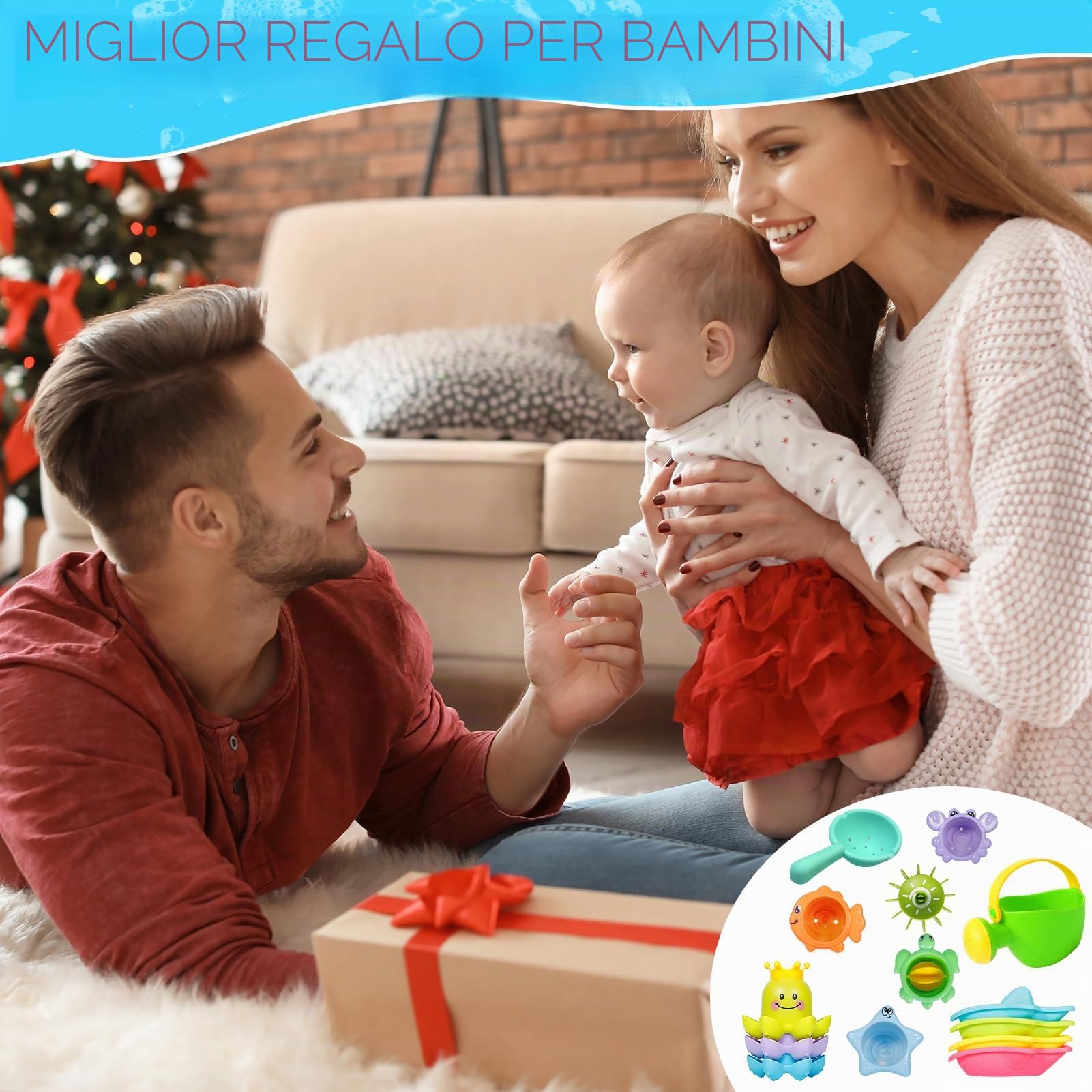 Giochi Bagnetto Neonato 14 Pezzi, Set Giochi Vasca da Bagno Bambini con Annaffiatoio, Ruota d’Acqua, Bicchieri Impilabili e Barchette, Giochi Bagnetto Neonato Atimuffa per Bagno e Piscina