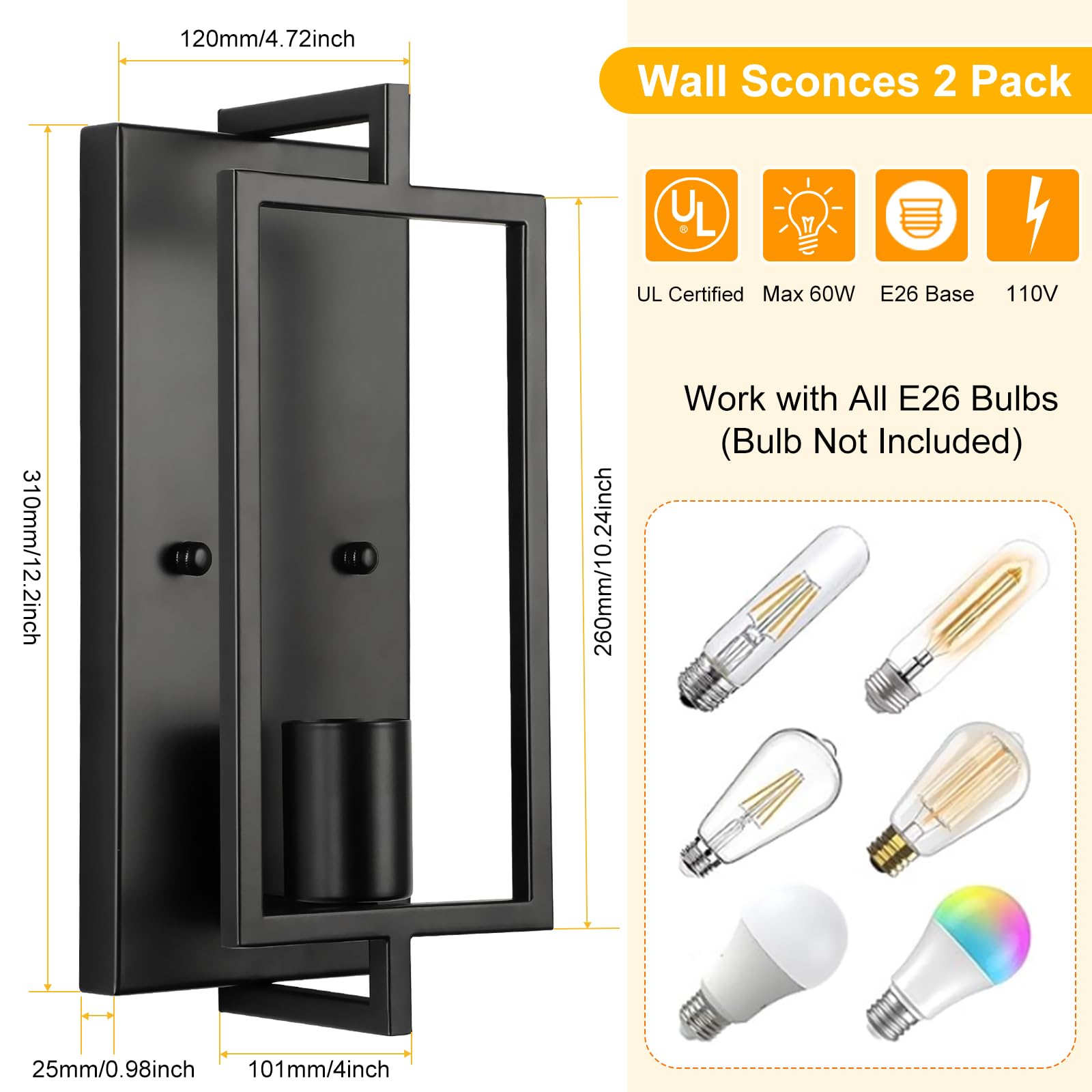 WILON Black Wall Sconces Set of 2, Modern Industrial Wall Light Fixtures, Indoor Farmhouse Rustic Wall Mounted Lamp for Bedroom Living Room Hallway Fireplace Stairway Wall Decor