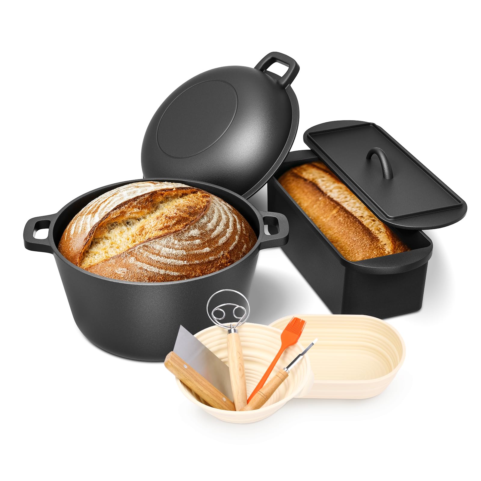 GFTIME Cacerola de hierro fundido de 26 cm, incluye molde para pan con tapa, incluye cesta de fermentación, resistente molde para pan con tapa, ideal para pan, pan de hierro fundido, molde para pan