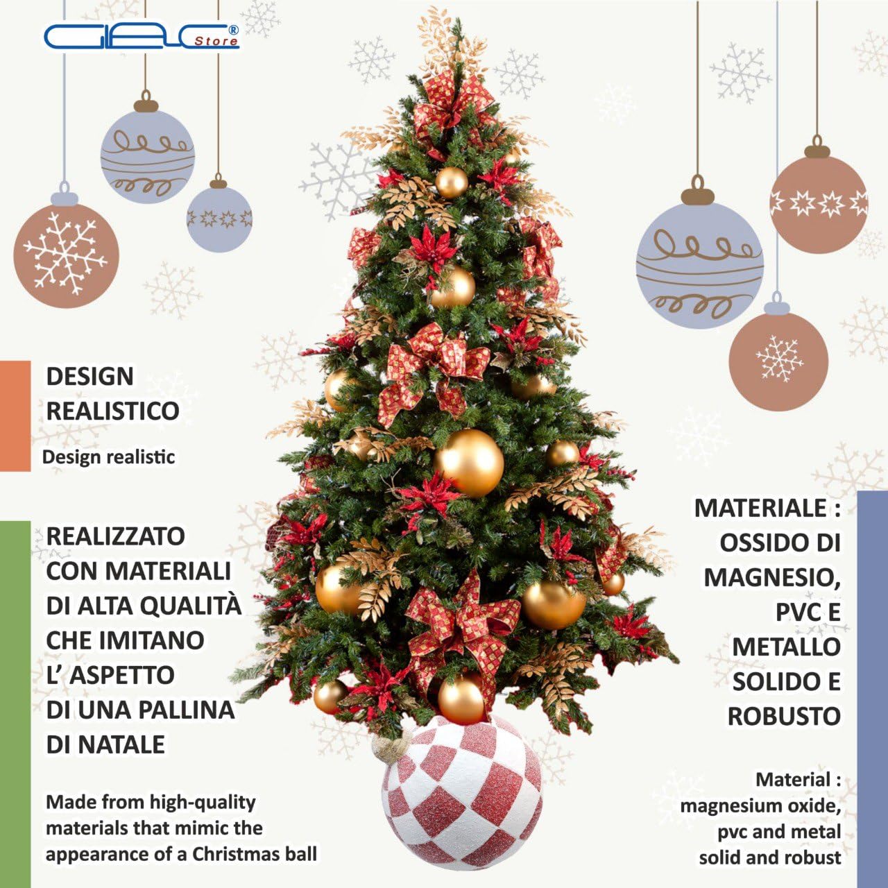 Base per Albero di Natale Sferica, 30 cm Diametro, 35 cm Altezza, Decorativa con Blocco e Viti di Fissaggio, Rosso e Oro (Bianco Rosso)
