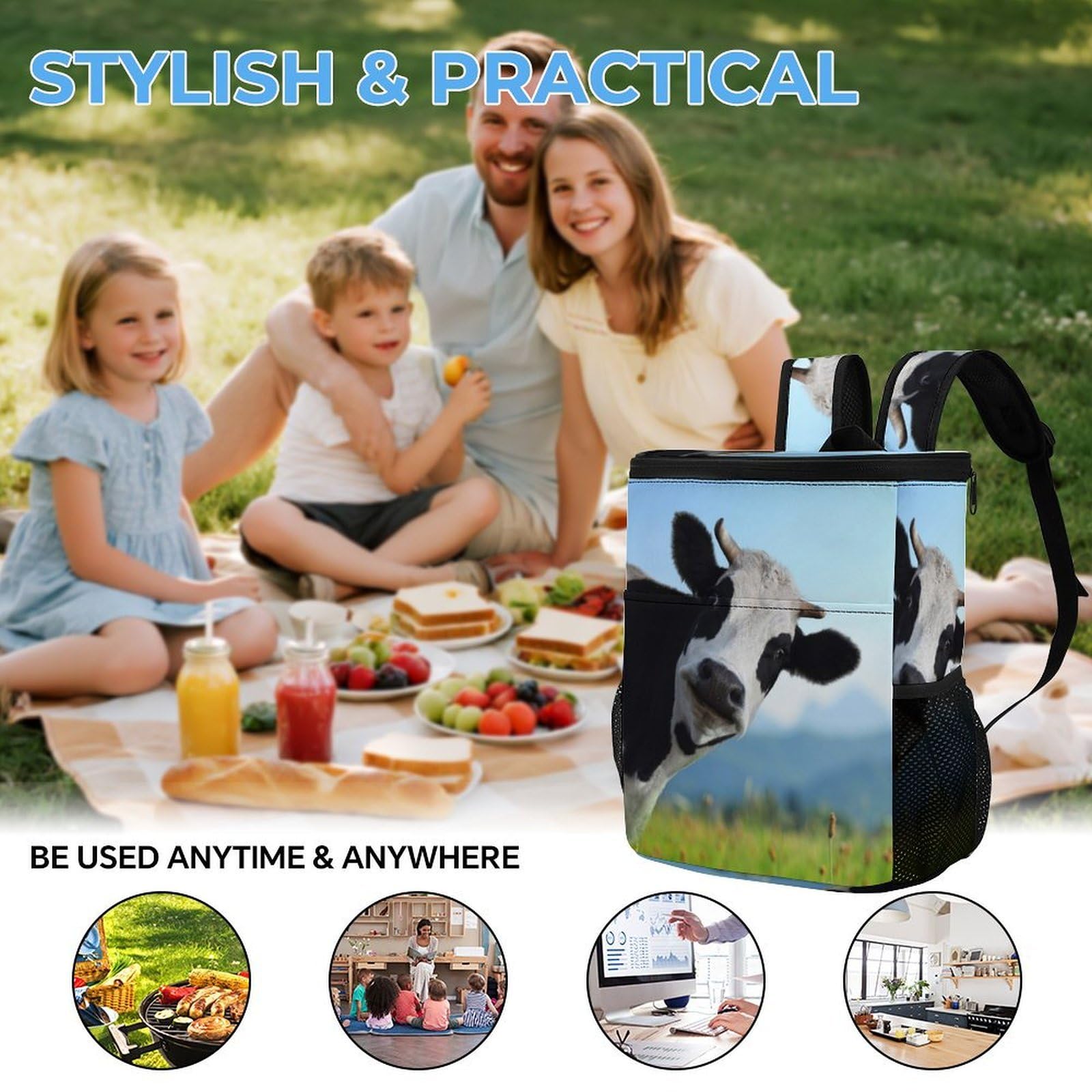 Bonita mochila térmica térmica a prueba de fugas de tela de sarga de poliéster resistente con correas acolchadas ajustables, bolsa térmica para picnic, camping, actividades al aire libre