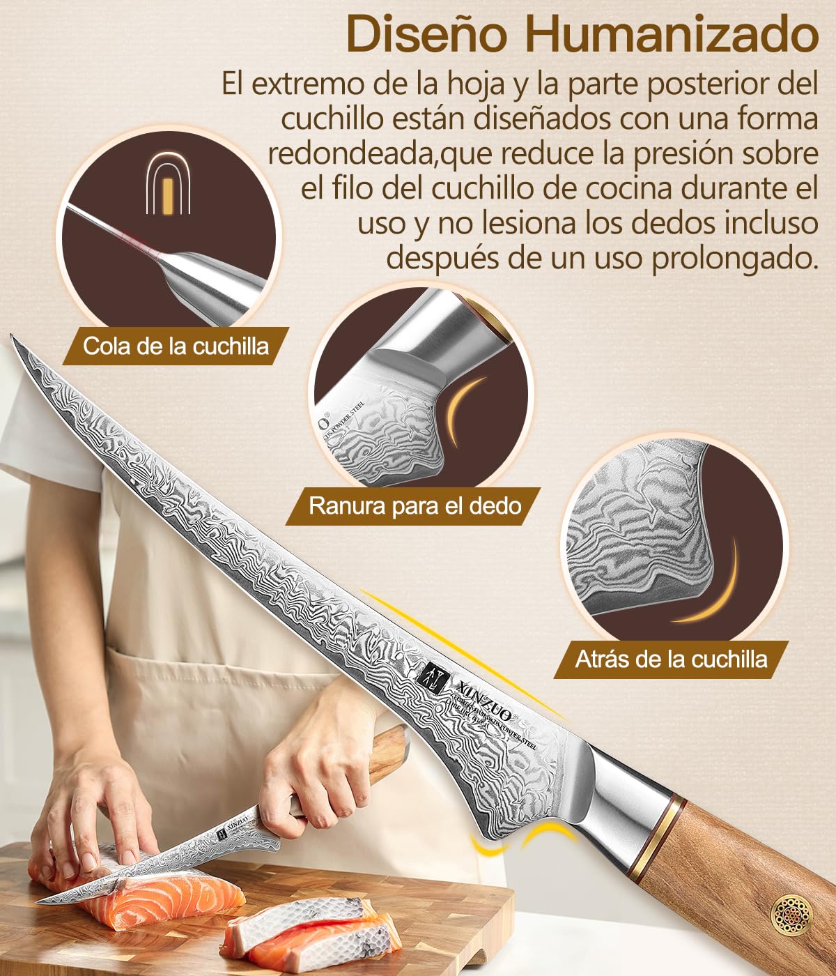 XINZUO Cuchillo de Filete 17,8cm Acero Damasco 73 Capas Mango Olivo