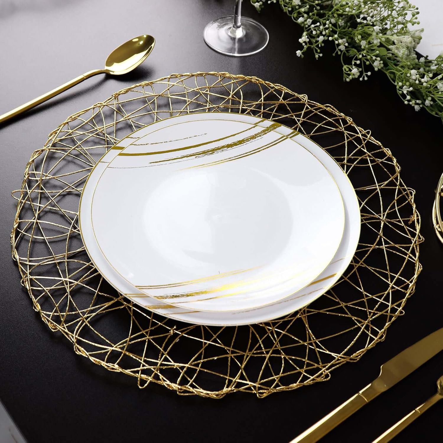 Gold 15'' Round Metallic String Placemats Set of 6