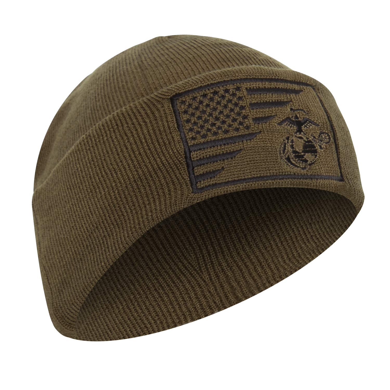 USMC Eagle, Globe, and Anchor Watch Cap with US Flag – Fine Knit Winter Hat