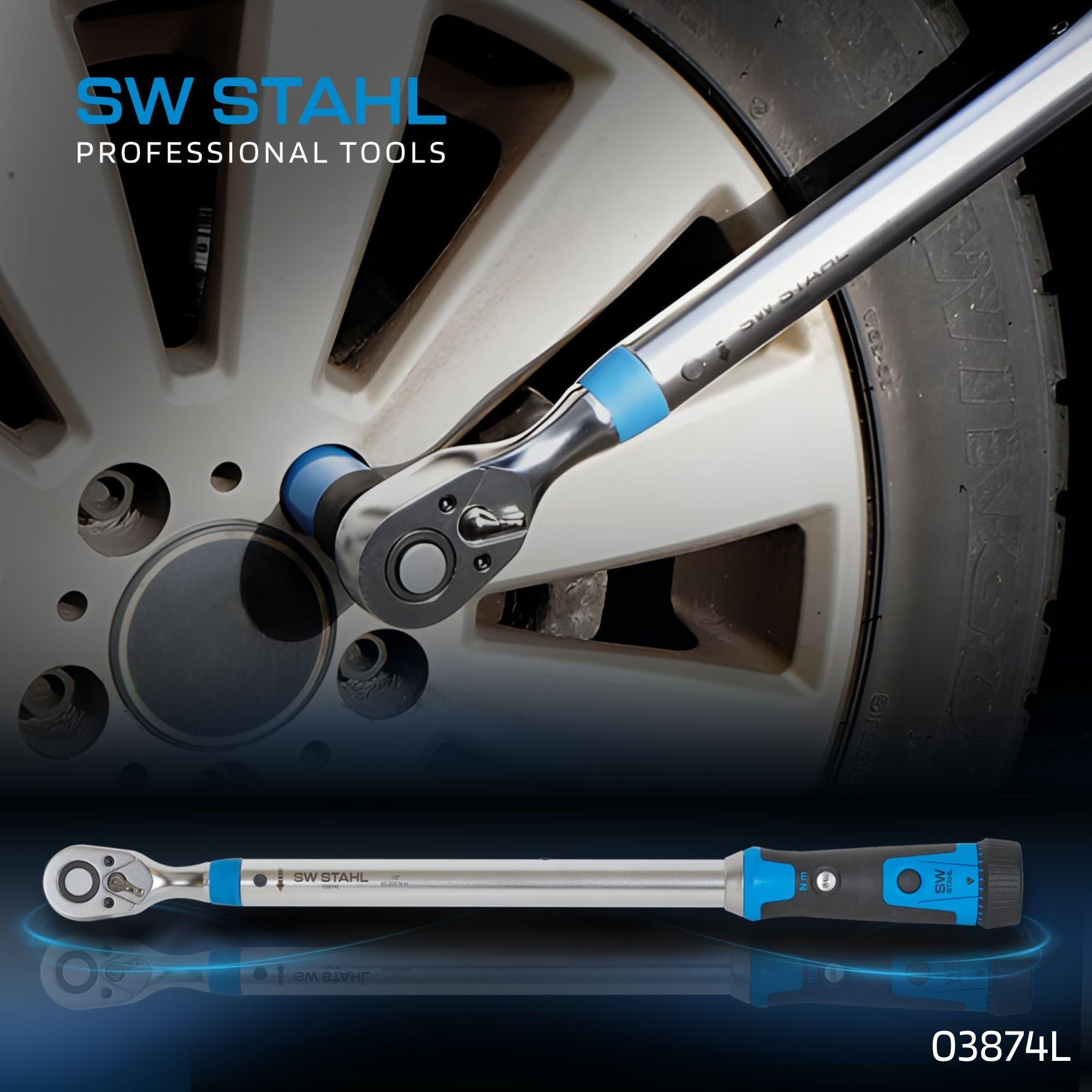 SW-Stahl 03874L Drehmomentschlüssel 1/2 Zoll, 40-200 Nm, Radschlüssel | PKW-Knarre mit 48 Zähnen für Reifenwechsel, Chrom-Vanadium Stahl, ±4% Genauigkeit, 520 mm Länge, umschaltbare Ratsche