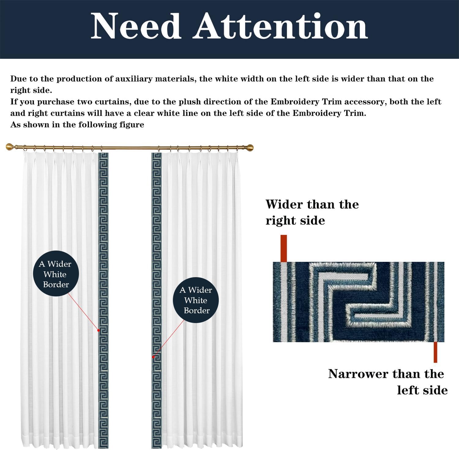 105 Inch Embroidery Trim Pinch Pleated Linen Curtains, Classic Deep Blue Greek Embroidery Decoration 2 Panels Window Panels with Light Filtering for Living Rooms and Bedrooms.40Wx105L,White G1