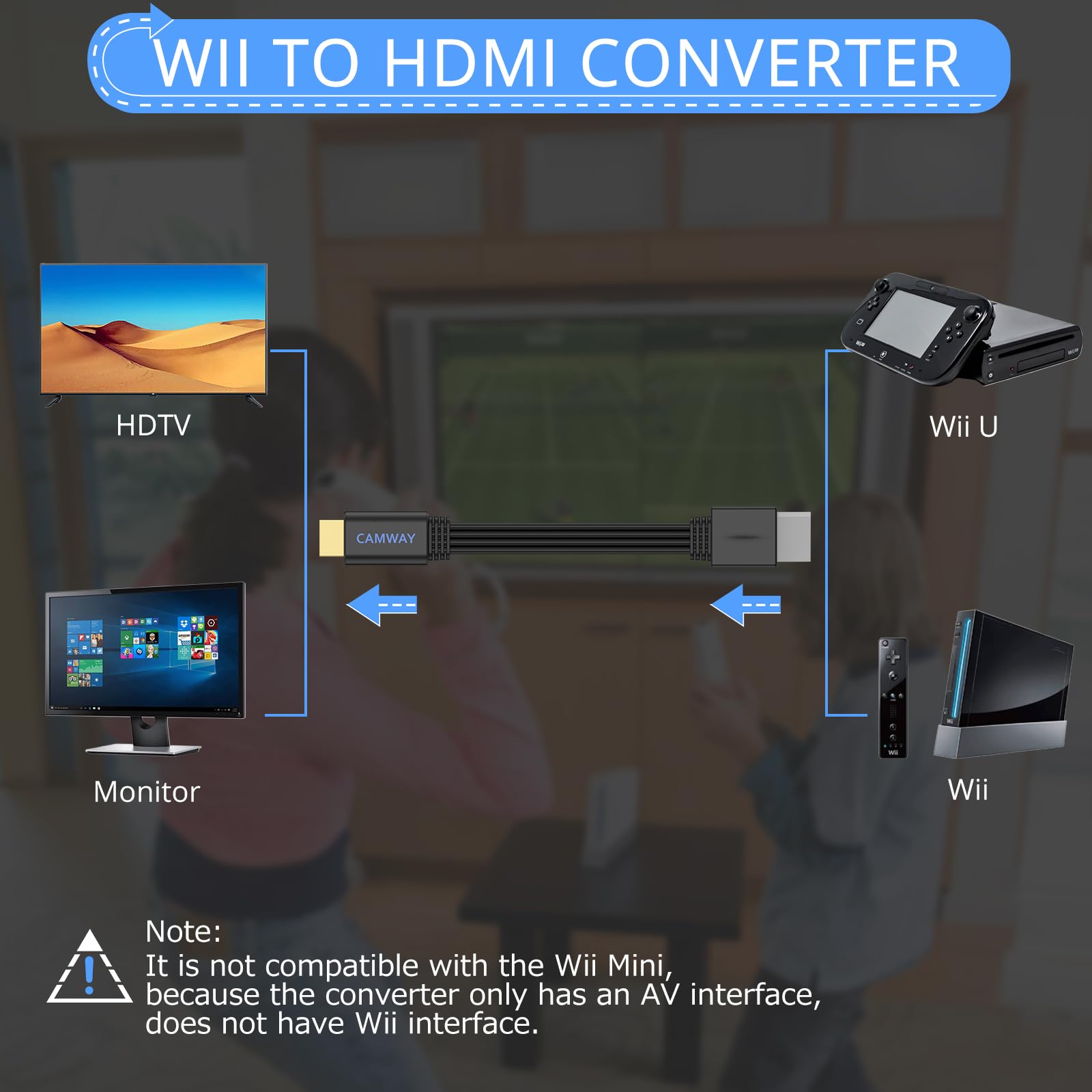 CAMWAY Konwerter Wii na HDMI 1080P/720P z kablem 150 cm, obsługuje NTSC 480i/480p, Pal 576i, Wii na HDMI do telewizora HDTV i monitora, Plug i Paly, kolor czarny