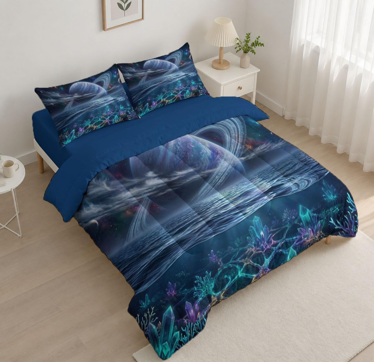 Cosmic Theme Comforter Set King Size, Starry Sky Bedding Set for Girls Boys, Purple-Blue Quilt Bed 104"X90" Bedding Comforter Sets with 2 Pillowcase Room Decor