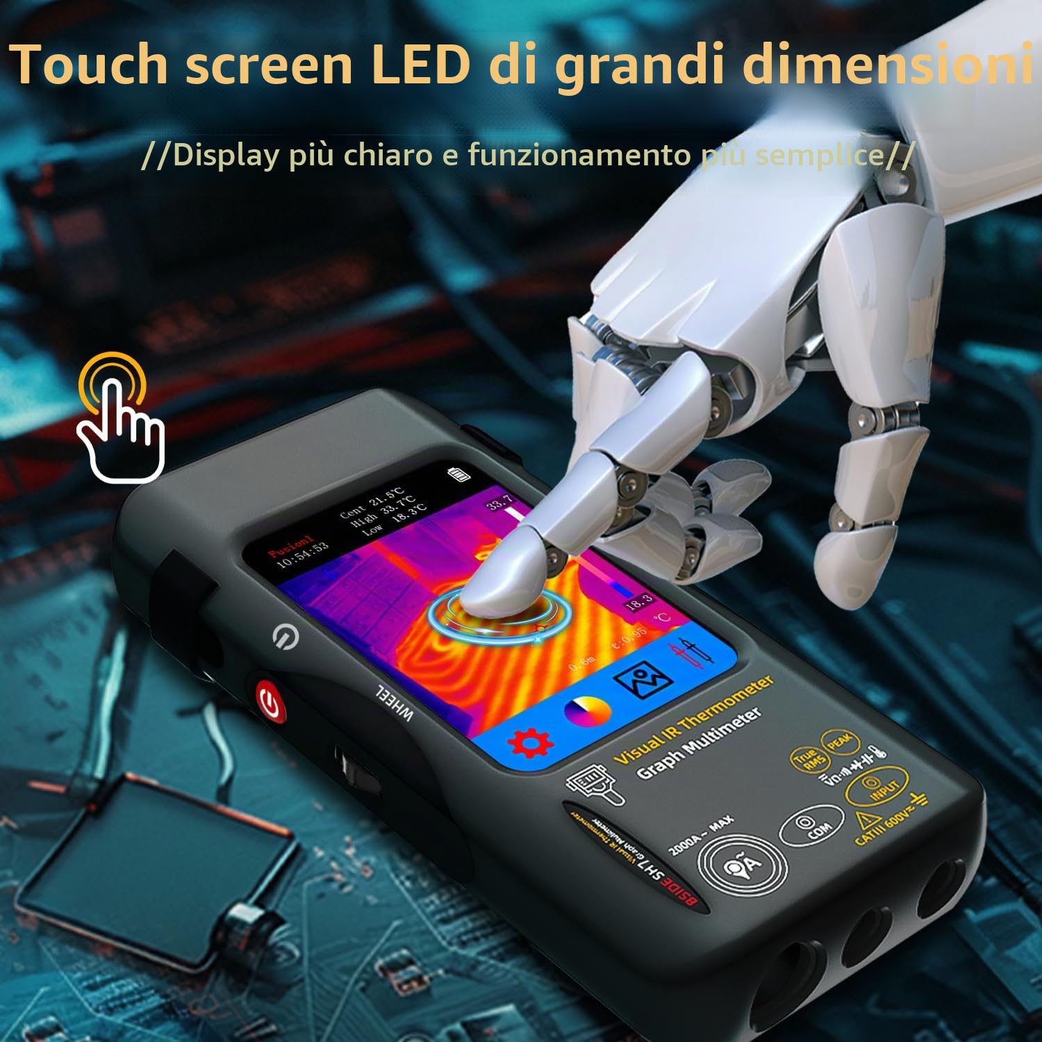 BSIDE SH7 Termocamera Multimetro 320×320 Risoluzione con 20000 conteggi Multimetro 3,98'' TFT Touchscreen 25Hz Termocamere infrarossi (-20℃-1300℃) con 15 tavolozze termiche TRMS Auto-Ranging Tester