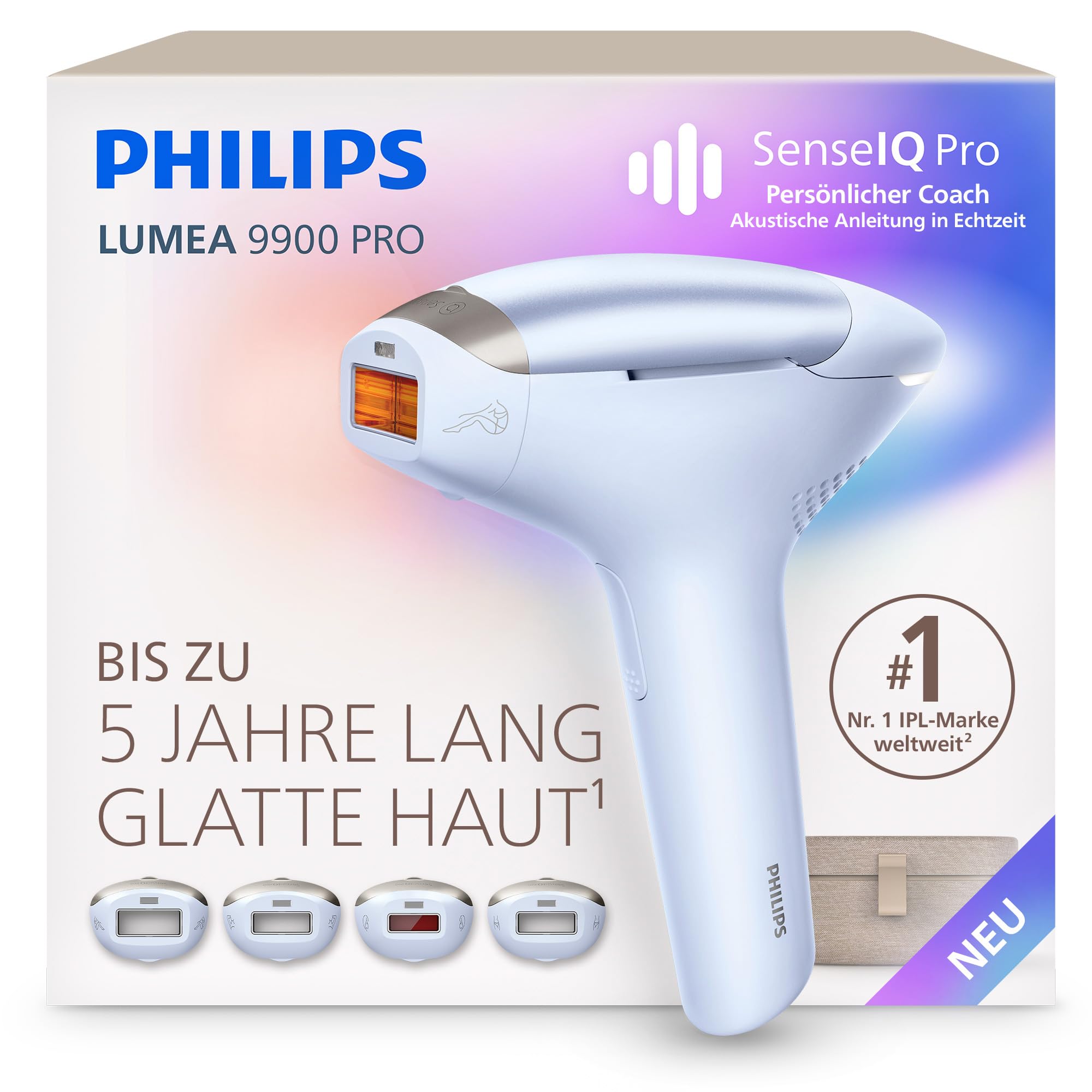 Philips Lumea 9900 Pro IPL-Haarentfernungsgerät - Statt Laser-Behandlung, Anwendung zu Hause, Sicherheit nach medizinischen Standards, 4 Aufsätze: Körper, Gesicht, Bikinizone, Achseln, BRC343/00