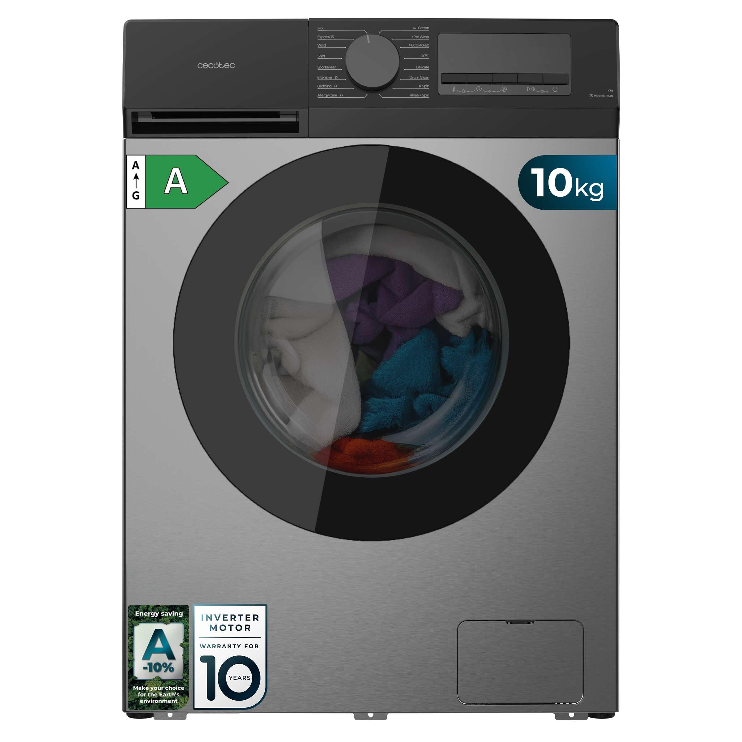Cecotec Lave-linge à Chargement Frontal 10Kg Bolero DressCode 10450 Inverter Steel, 1400 tr/min, 16 programmes, Classe A-10%, Moteur Inverter Plus, Pearl Drum, Fonction Silence, KidLock, Acier