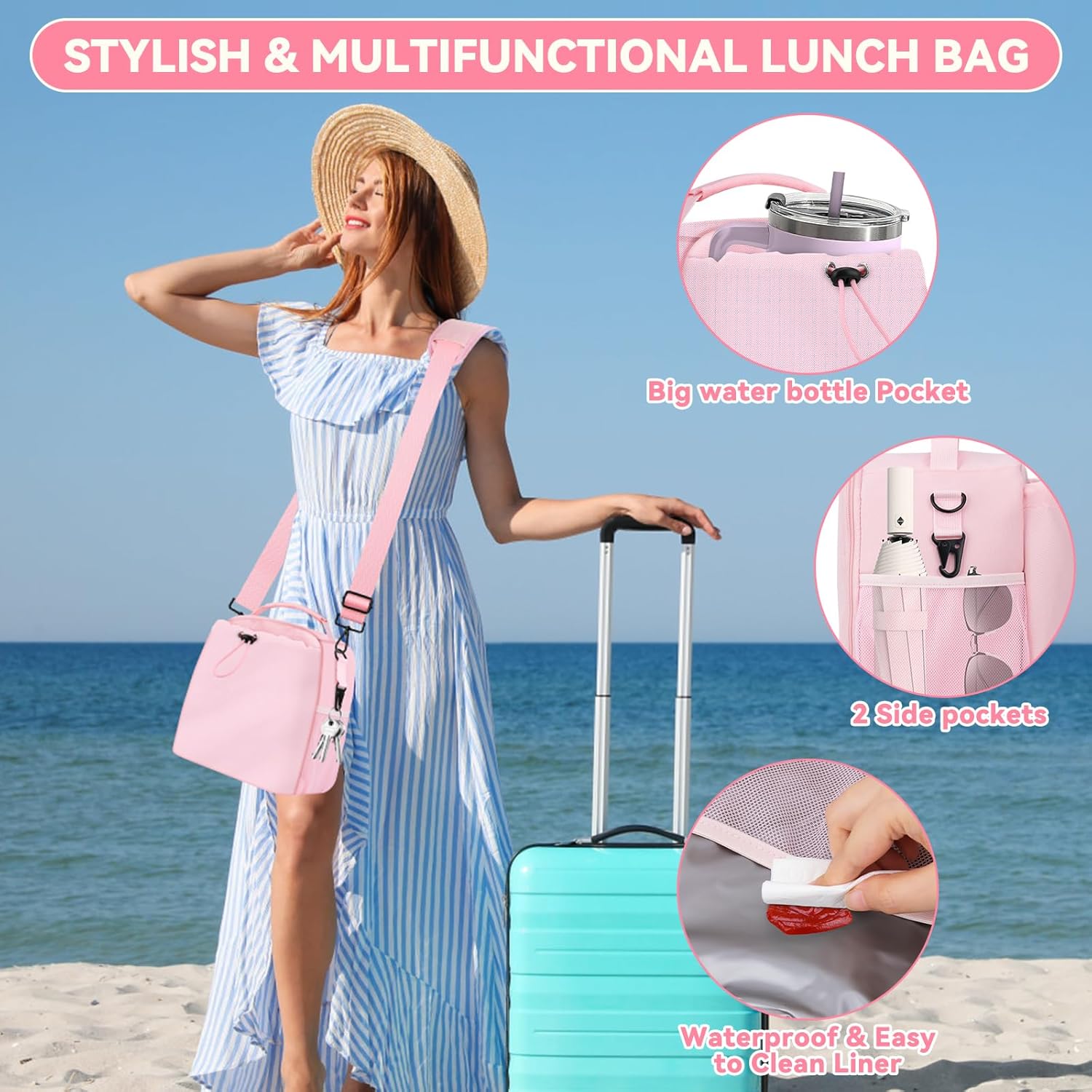 SelfTek Insulated Lunch Bag for Women with Adjustable Shoulder Strap - Compatible with 30/40 OZ Stanley Cups, Leakproof Cooler Lunch Tote Bag for Office, Work, Travel, Picnic (Pink)