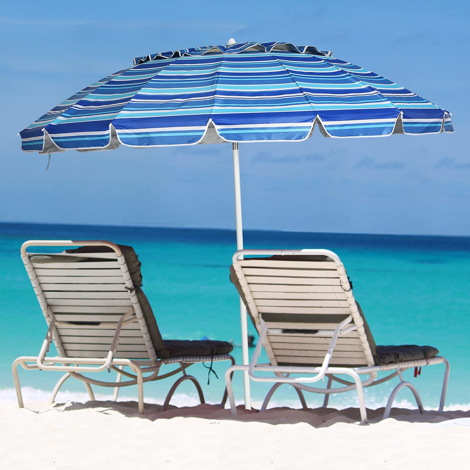 GOPLUS Parasol de Plage 2,43M, Parasol Inclinable avec Auvent Démontable, Sac de Transport, Anti-UV, pour Patio Balcon Piscine, H.185CM, Base Non Incluse (Bleu Clair)
