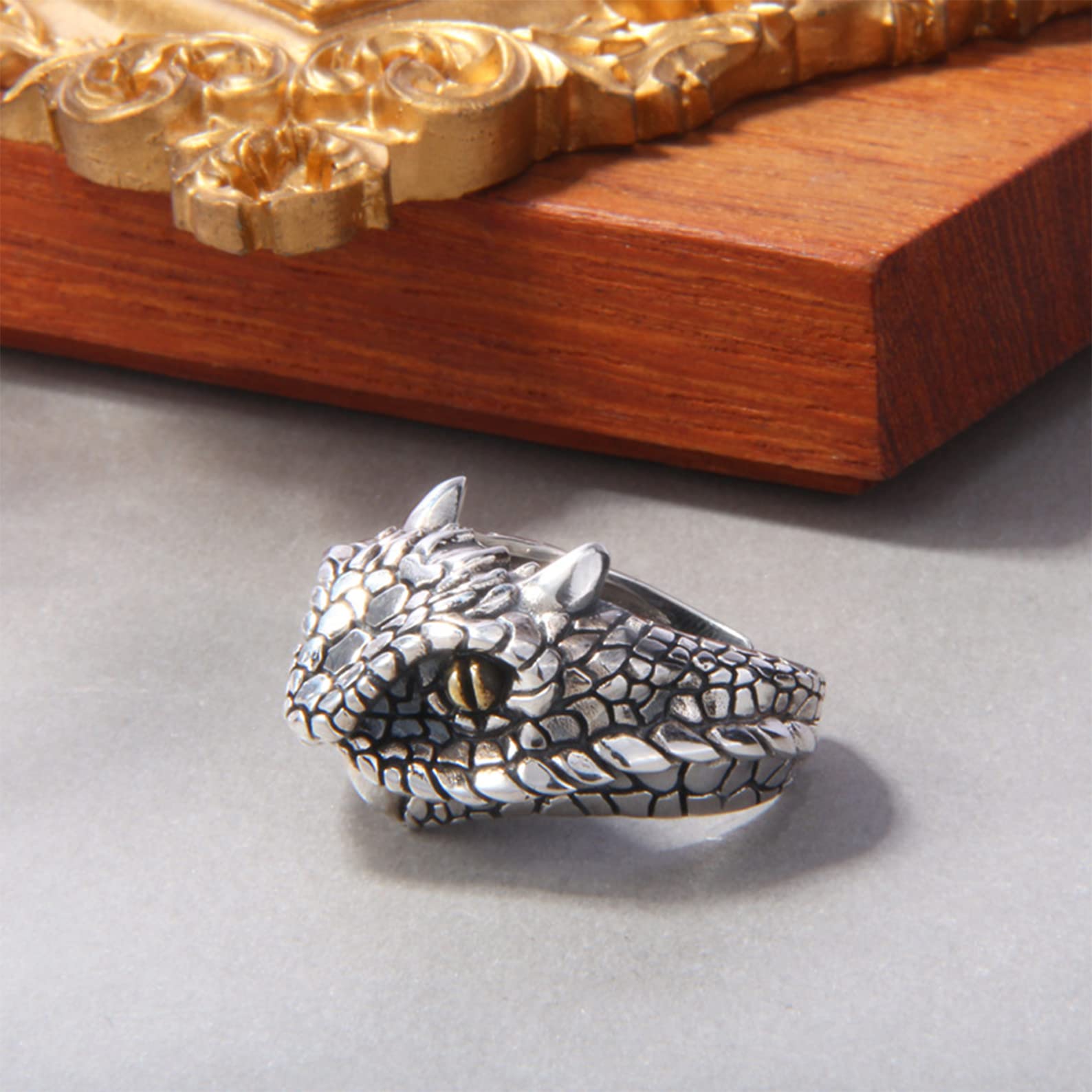 Anillo ajustable abierto de plata de ley S925 con forma de serpiente para hombre, accesorios de joyería vintage hechos a mano con animales.