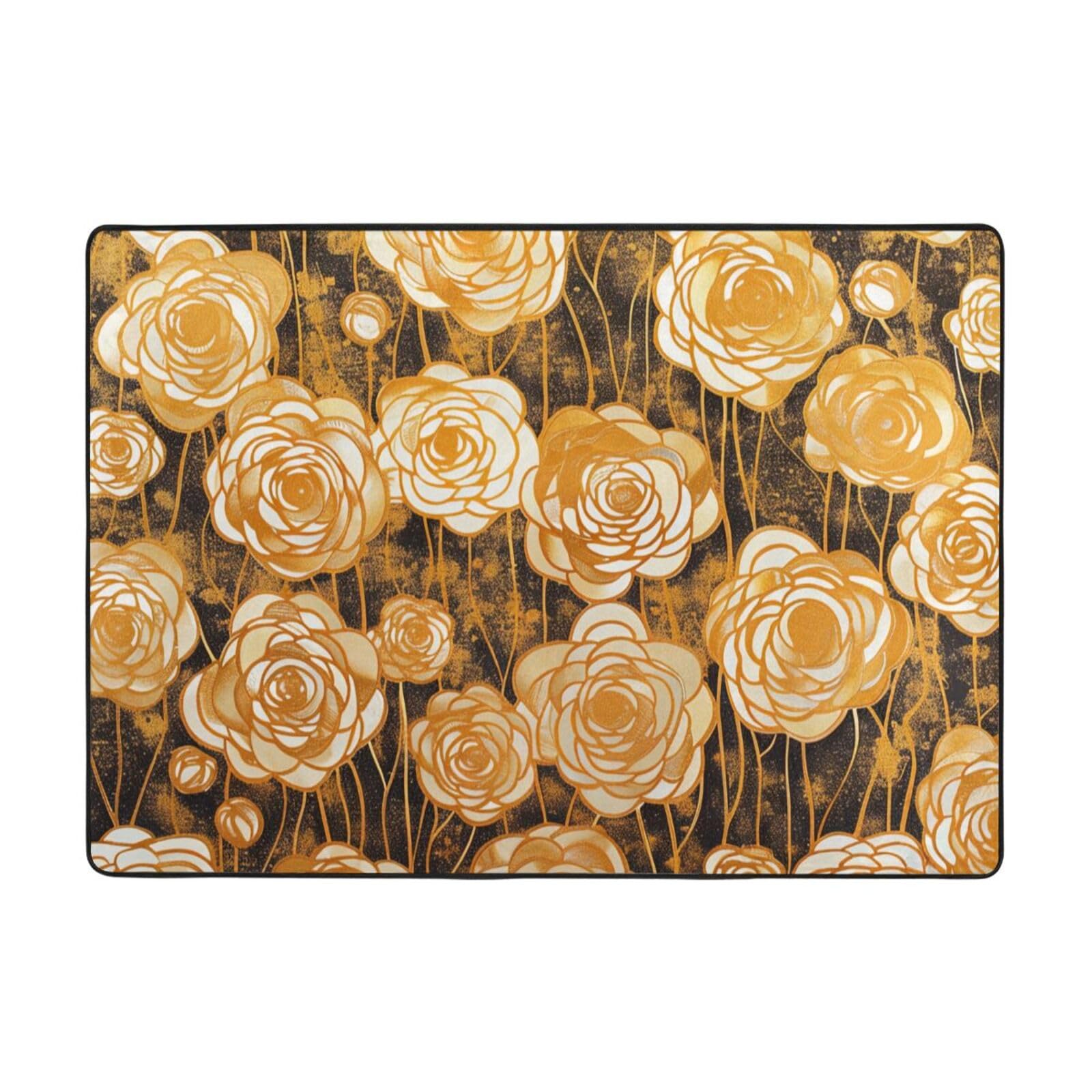 Grand tapis imprimé fleurs dorées pour réchauffer un salon carrelé