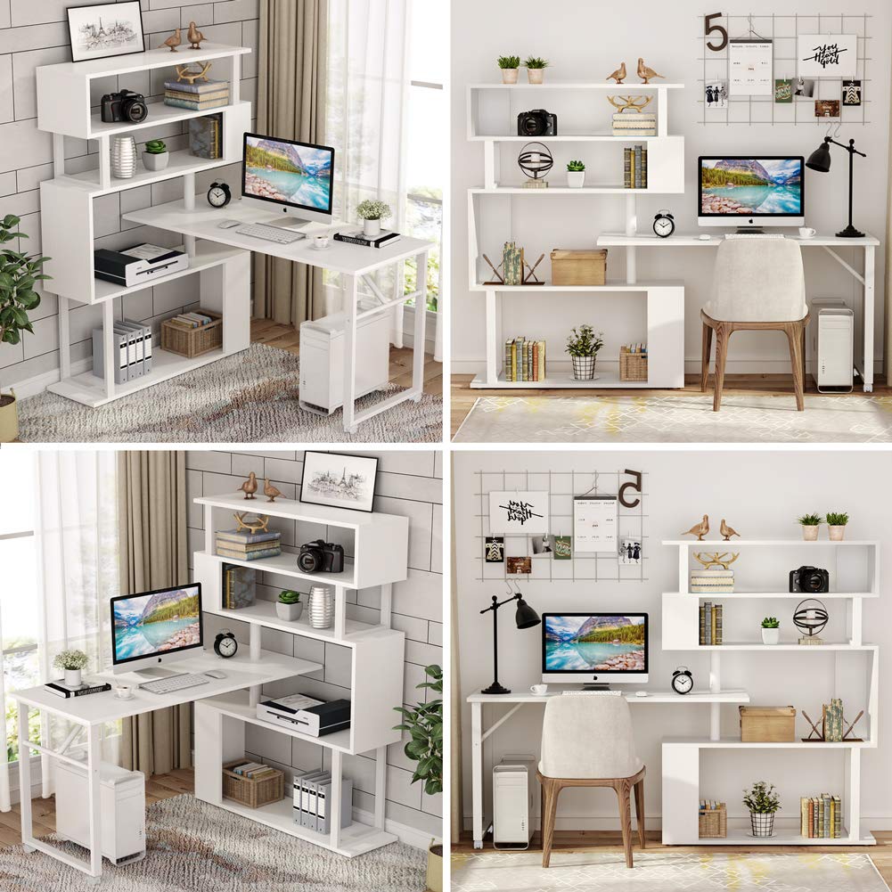 Tribesigns Rotating Computer Desk with 5 Shelves Bookshelf, Modern L
