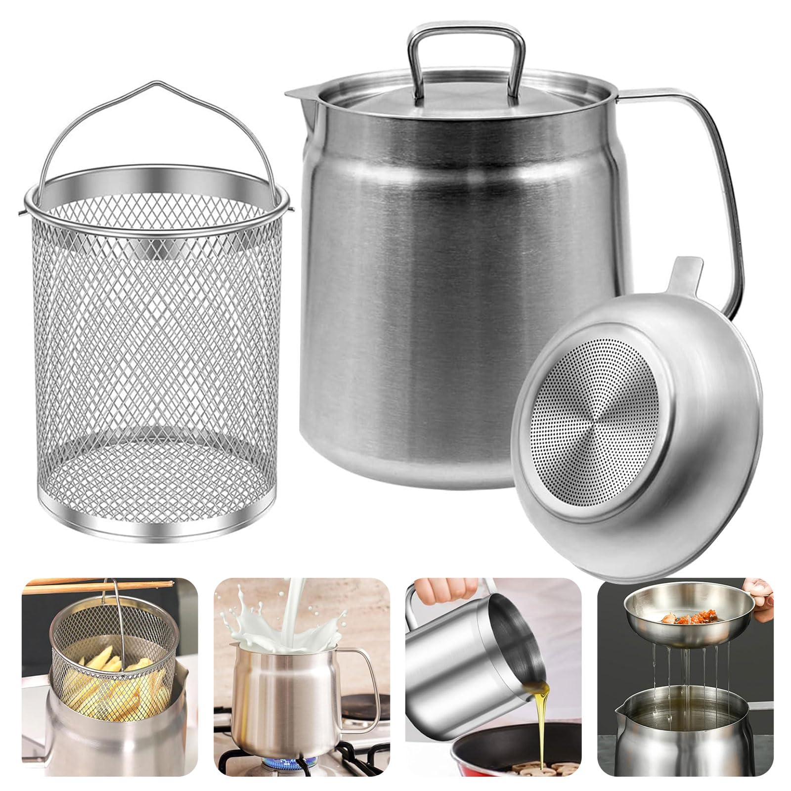 BYTANA 50oz 304 Stainless Steel Oil Filter Pot, Large Capacity Versatile Oil Filter Vessel, Multi-Function Frying Net Tank Bacon Grease Saver with Fine Mesh Strainer for Storing Frying Cooking Grease
