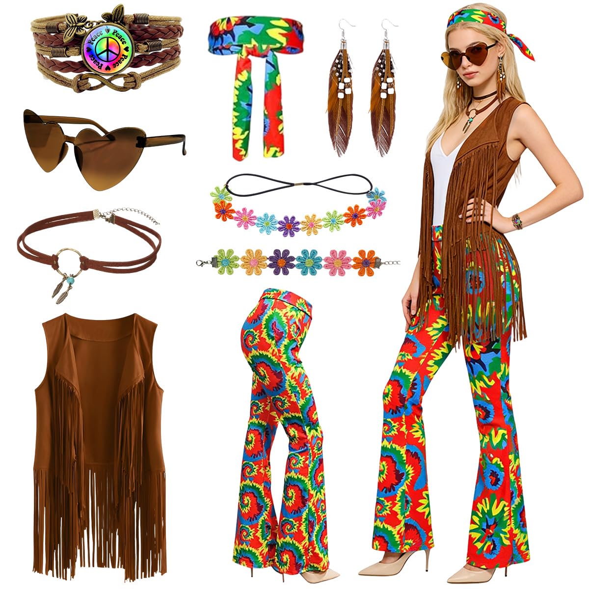 Disfraz Hippie Mujer Completo Años 70 con Chaleco de Flecos Pantalon Acampanado y Accesorios Boho para Disfraz Carnaval Mujer (L)