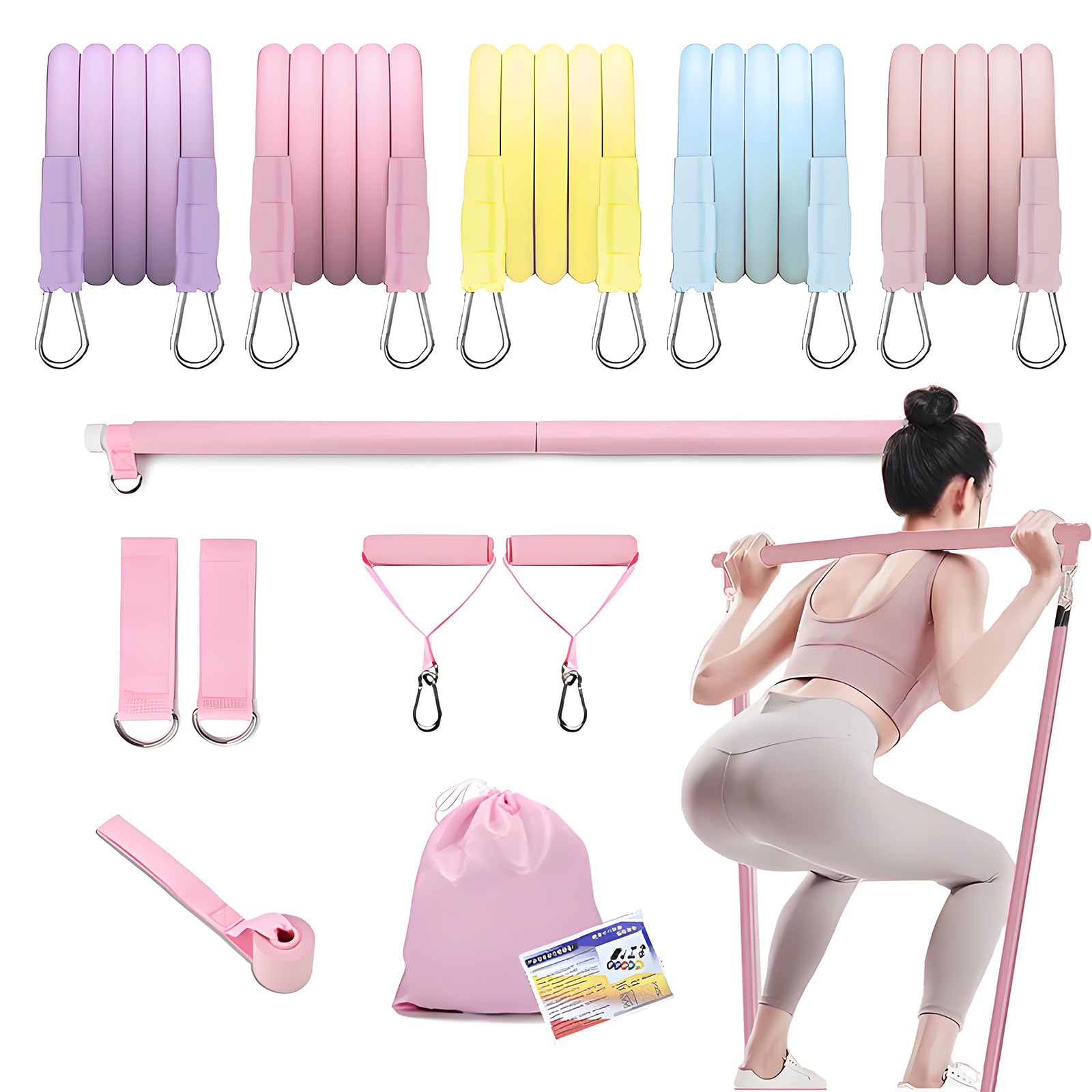 Pilates Bar 12-in-1 Kit with 100 lbs Total Resistance, Adjustable 3-Section Pilates Stick, 5-Level Bands, Door Anchor & Full Accessories, Home Gym Equipment for Legs, Arms, Core for Women & Men