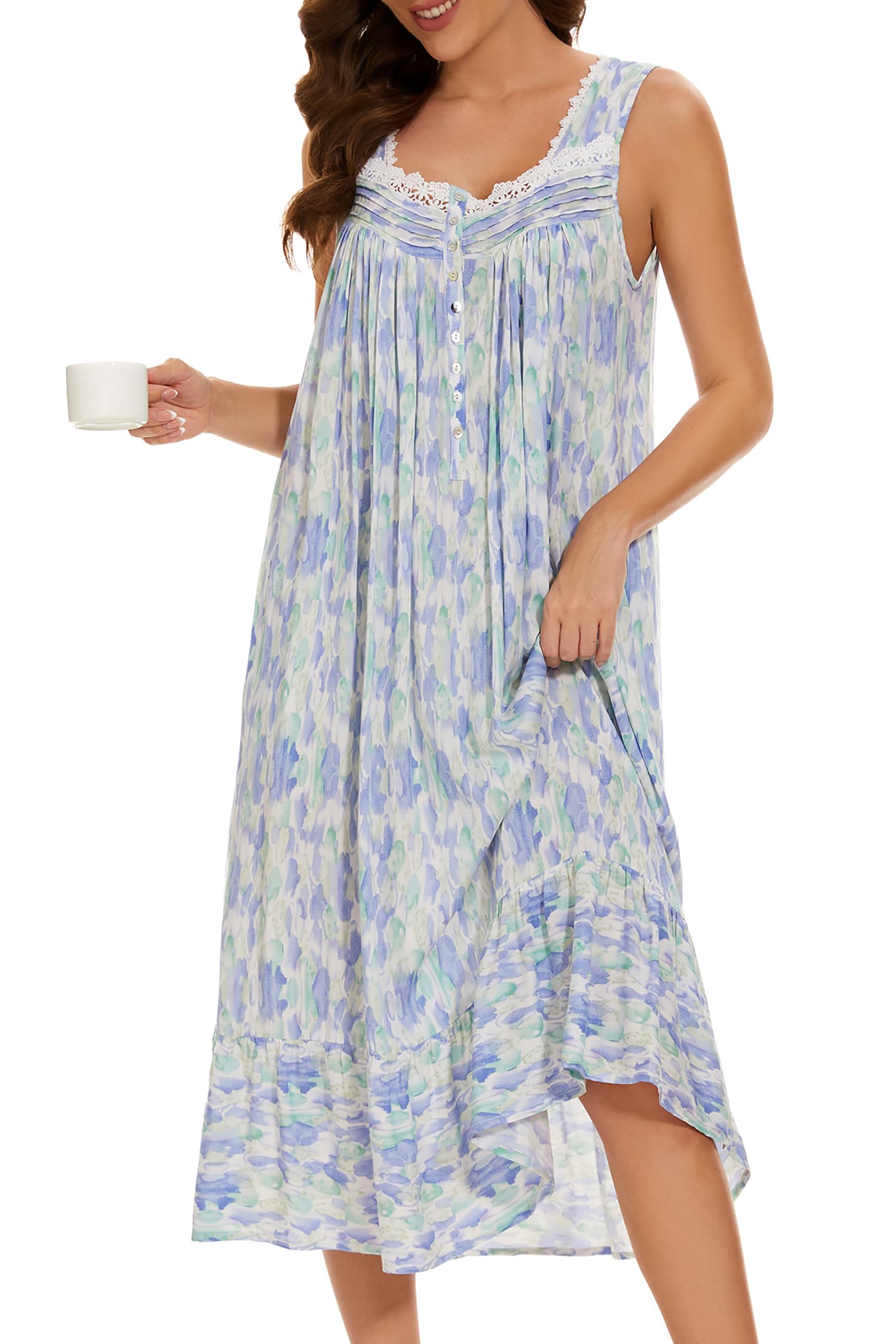 AVIIER Cotton Nightgowns for Women Sleeveless House Dress Ladies Long Nightdress with Pockets S-XXL
