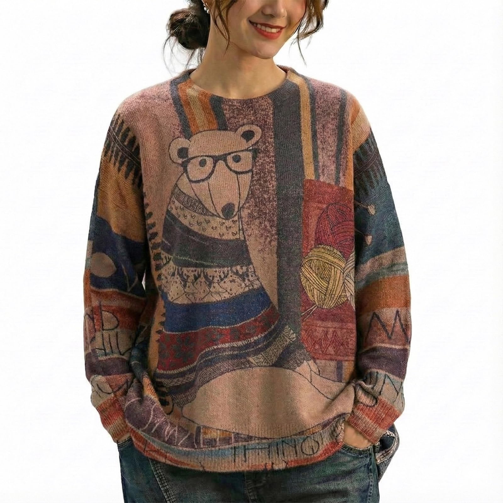 Women's Boho Christmas Sweater, Oversized Long Sleeve Graphic Knit Pullover, Loose Fit Casual Top with Drop Shoulder