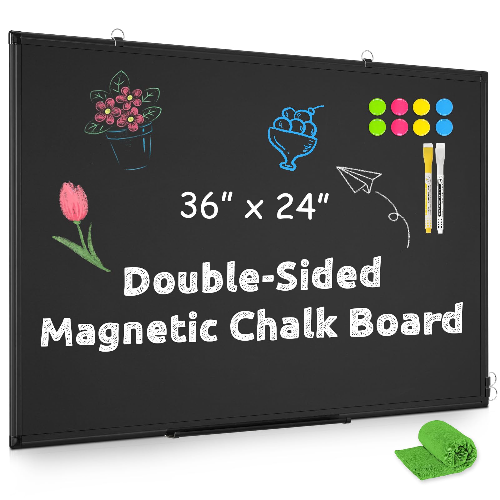 Magnetic Chalk Board, 36“x24” Black Chalkboard Double-Sided Dry Erase Board Magnetic Blackboard for Wall, Black Framed Small Chalk Board Home, School,