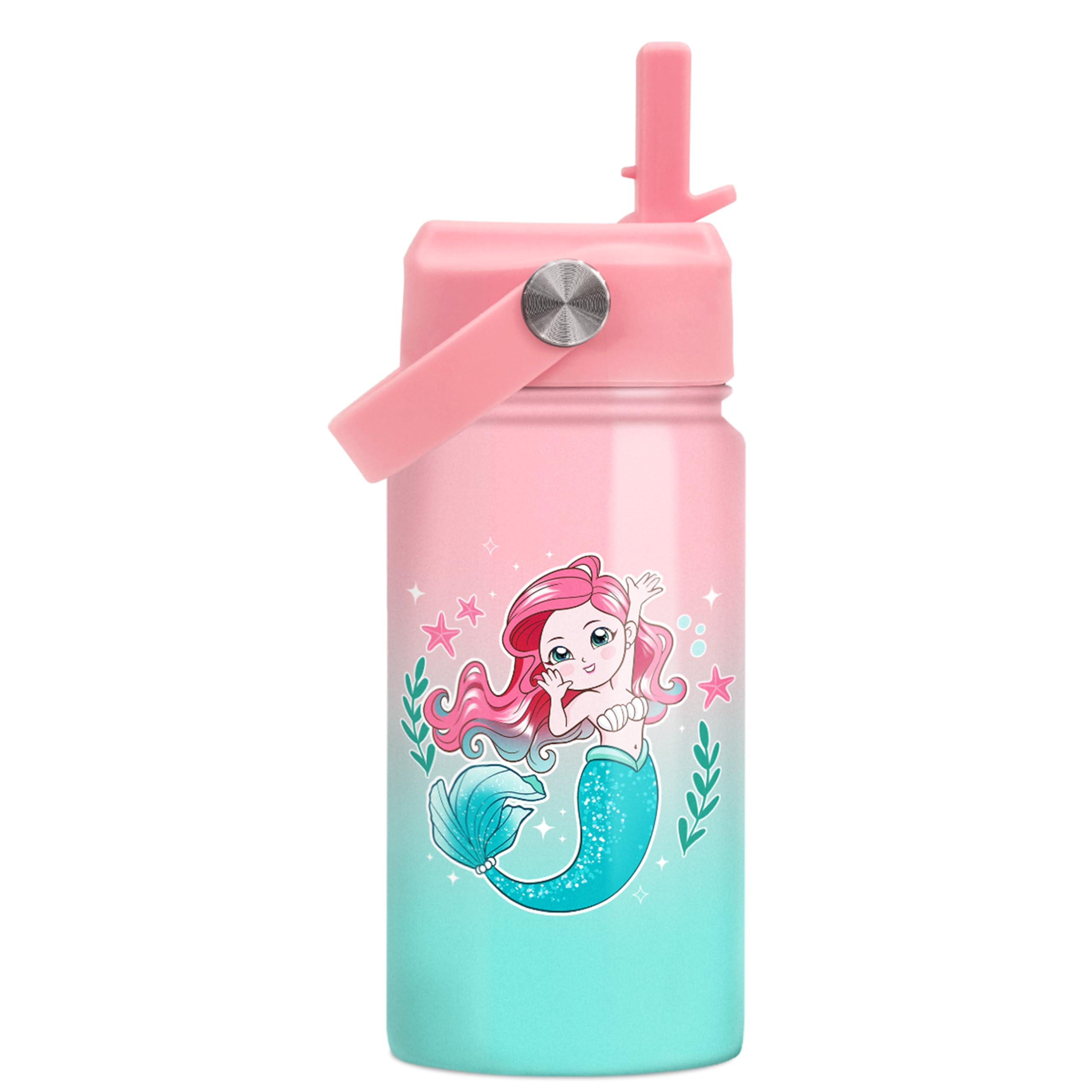 Mermaid Water Bottle for Girls - Kids Water Bottle with Straw Lid - 12 Oz Insulated Stainless Steel Water Bottles - Travel Cup for School Sports