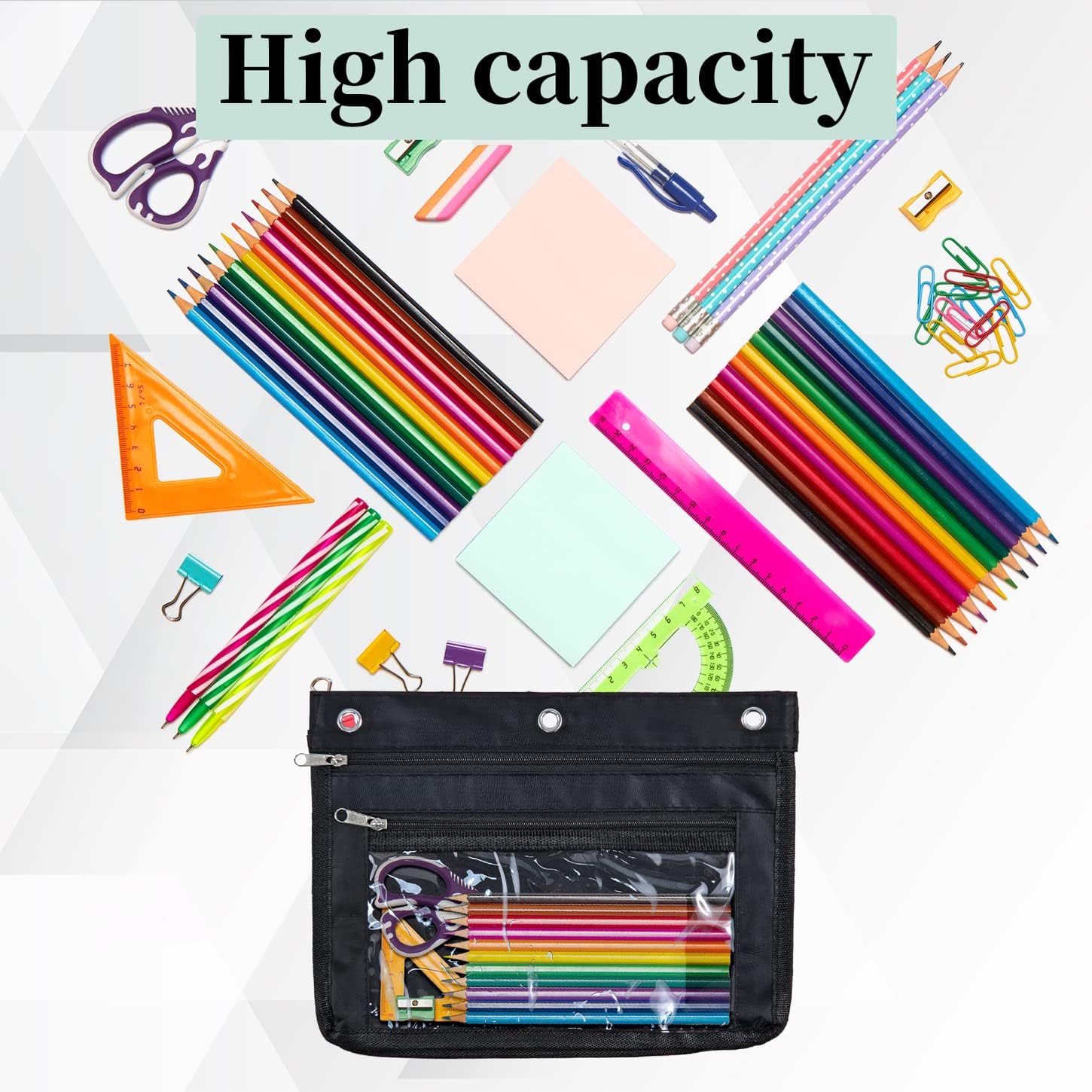 YoeeJob 2 Pack 1 Inch Expandable Zipper Pencil Pouches with Clear Window for 3 Ring Binder, Suitable for School & Office (Black+Blue) - Image 4